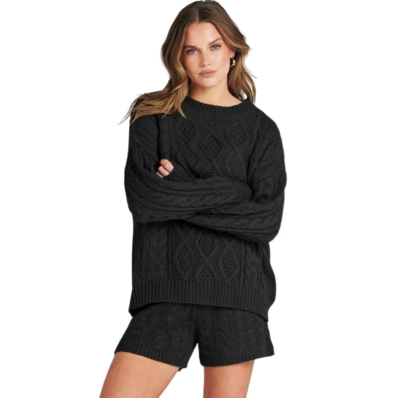 2 Piece Casual Cable Knit Sweater And Shorts Set