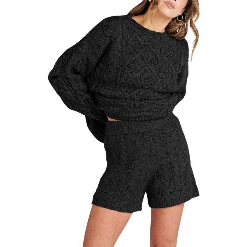 2 Piece Casual Cable Knit Sweater And Shorts Set