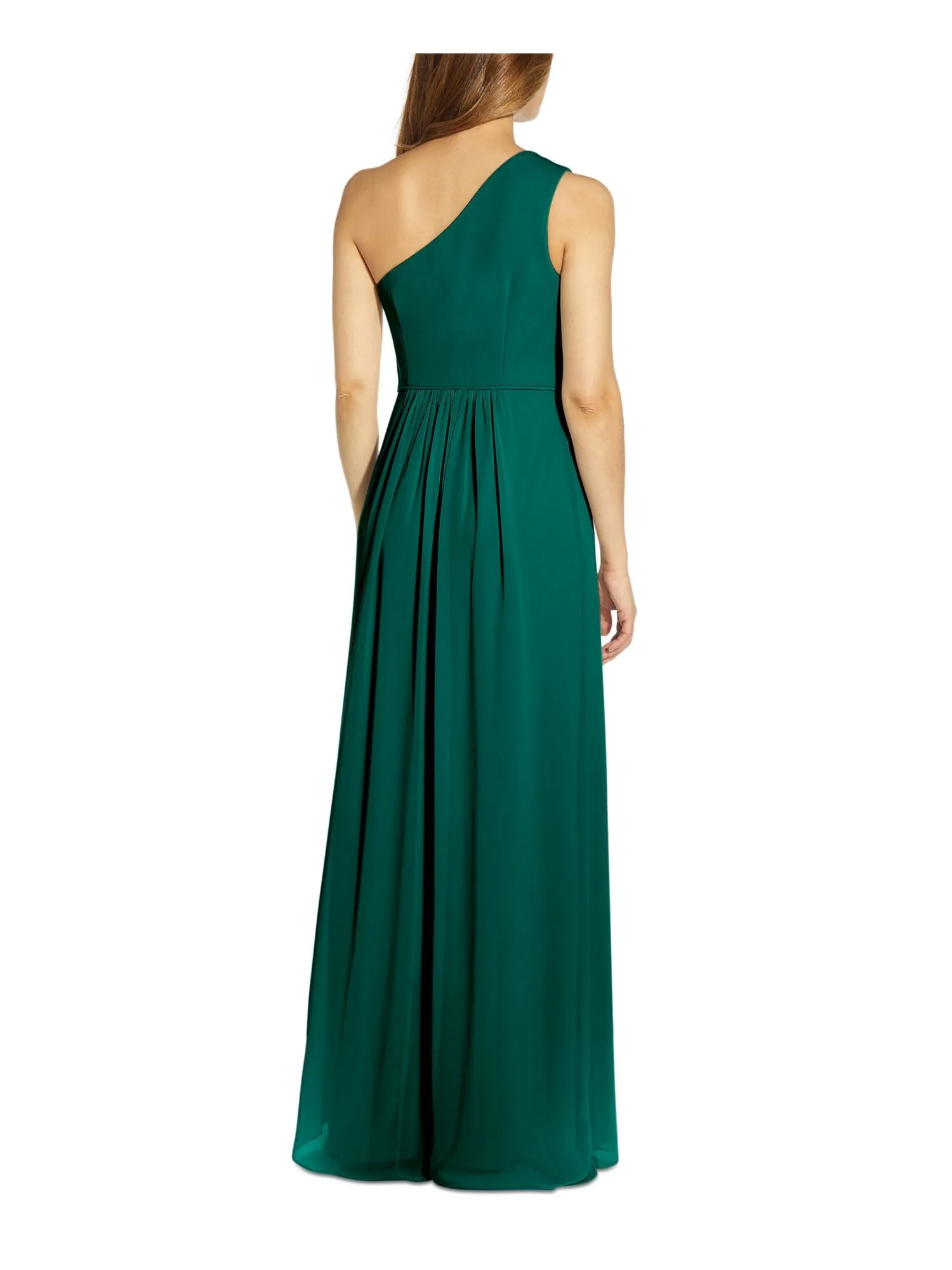 ADRIANNA PAPELL Womens Green Zippered Gathered High Slit Lined Sleeveless Asymmetrical Neckline Full-Length Evening Gown Dress