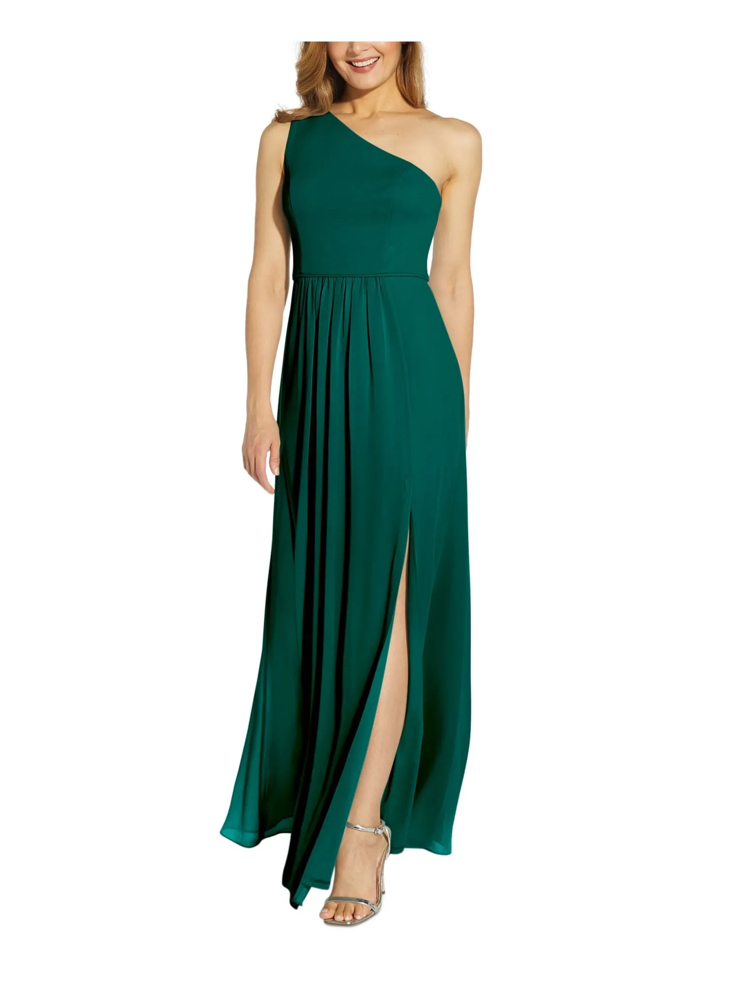 ADRIANNA PAPELL Womens Green Zippered Gathered High Slit Lined Sleeveless Asymmetrical Neckline Full-Length Evening Gown Dress