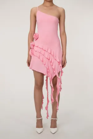 Asymmetrical Cami One Shoulder Ruffled Drape Rosette Party Mini Dress