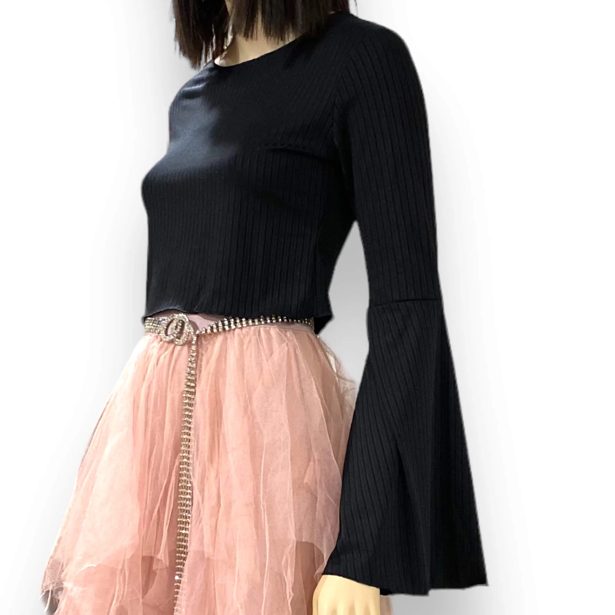 Black Bell Sleeve Rib Knit Top