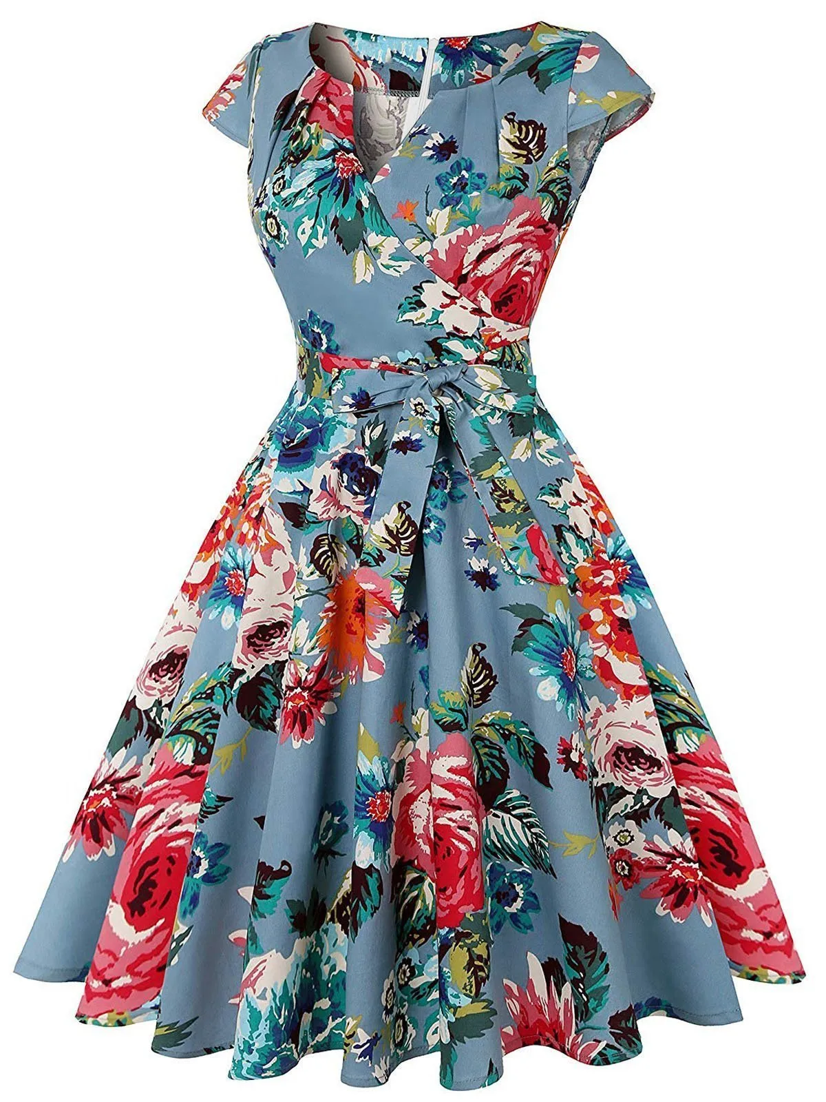 Blue 1950s Floral Bow Swing Dress