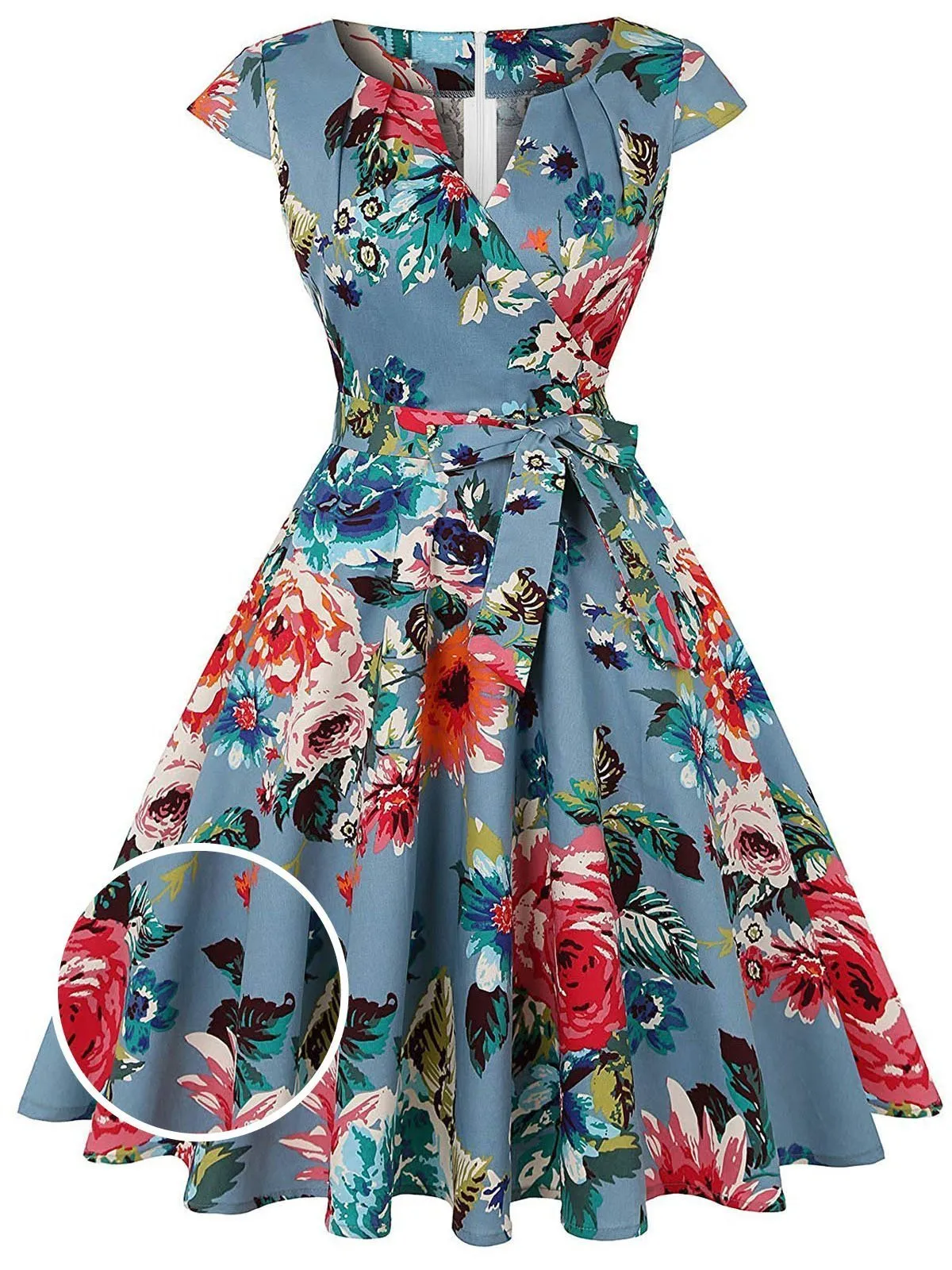 Blue 1950s Floral Bow Swing Dress