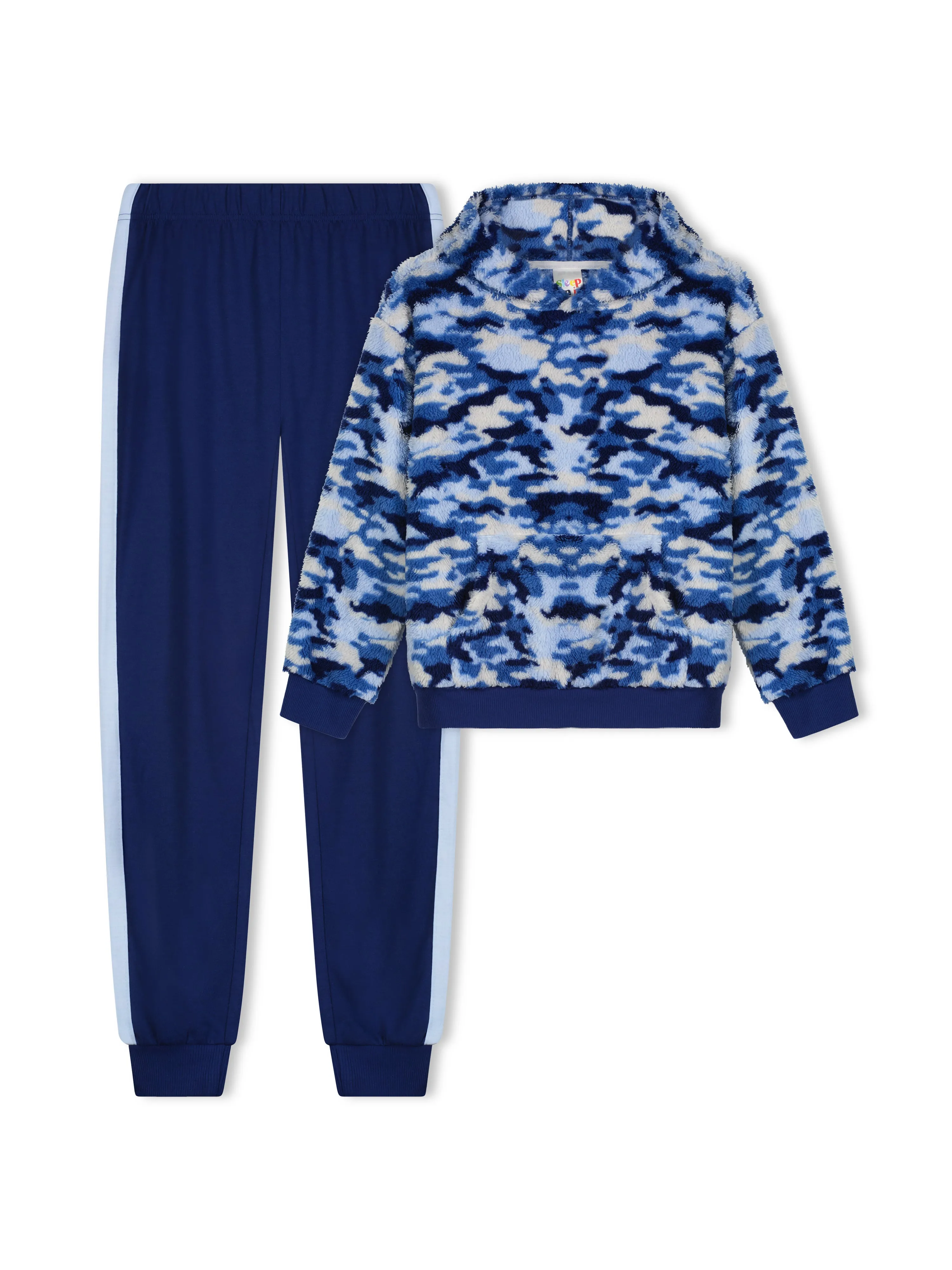 Boys Blue Camo Soft Novelty Fleece 2-Piece Hooded Pajama Sleep Pant Set