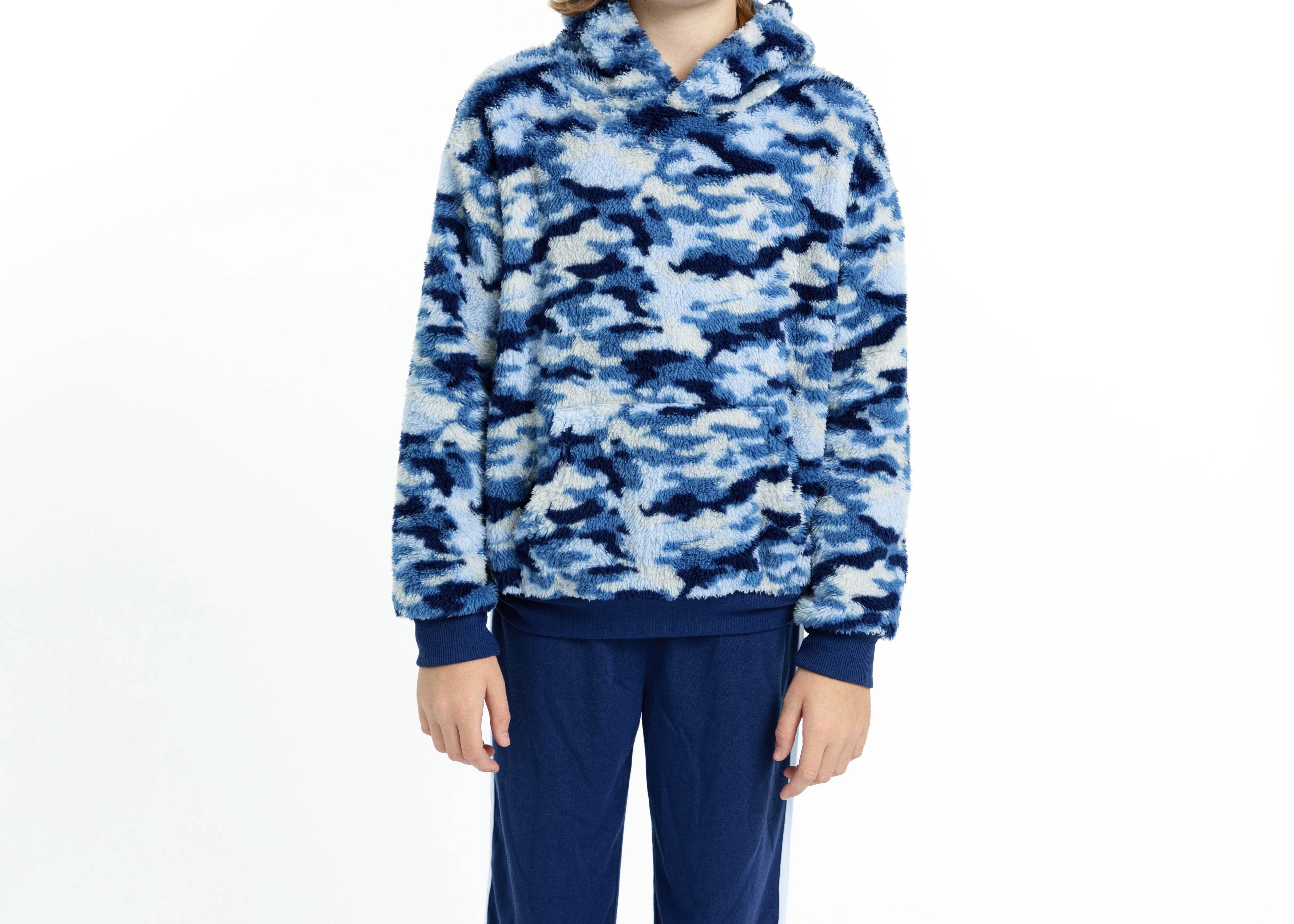 Boys Blue Camo Soft Novelty Fleece 2-Piece Hooded Pajama Sleep Pant Set