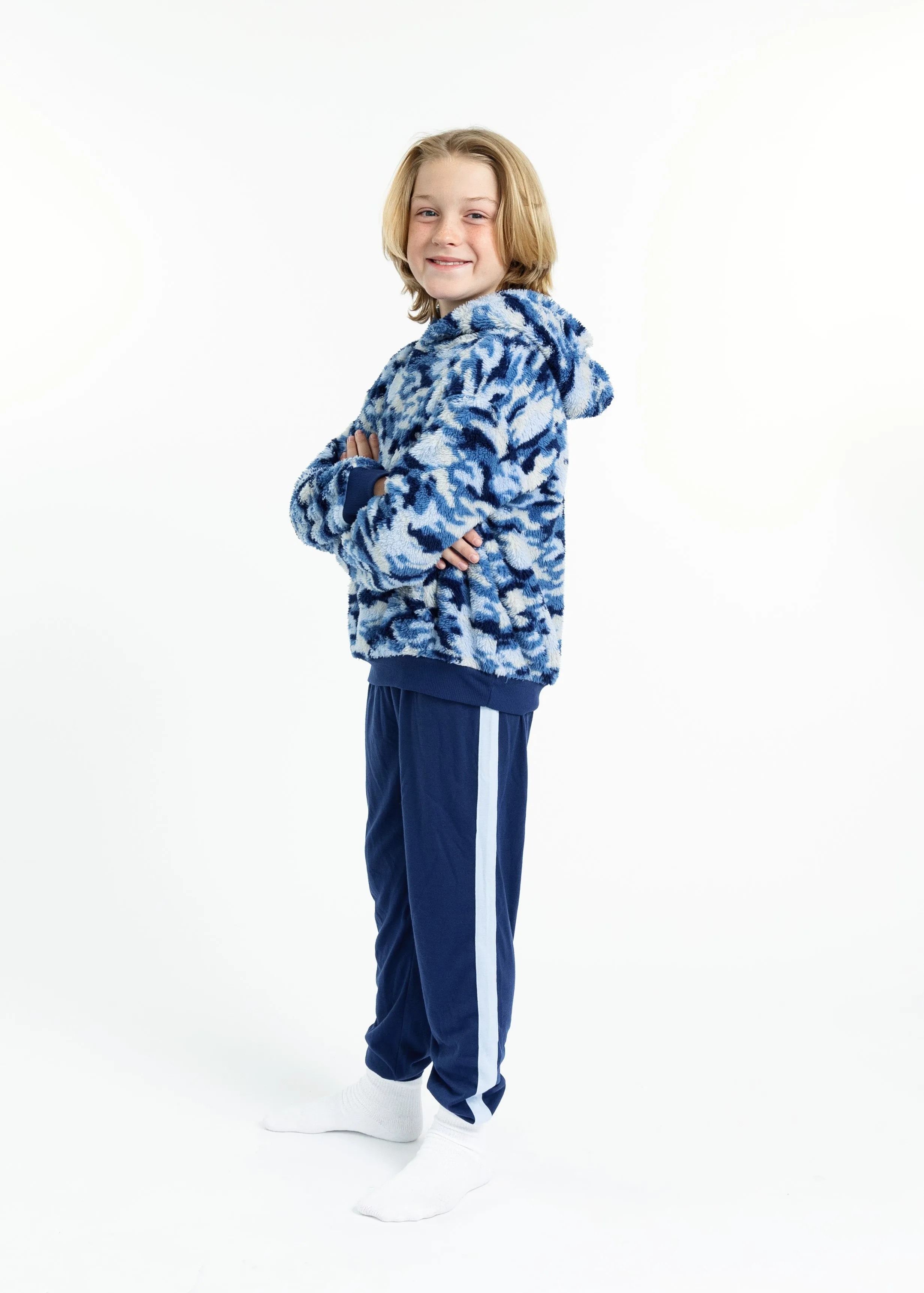 Boys Blue Camo Soft Novelty Fleece 2-Piece Hooded Pajama Sleep Pant Set