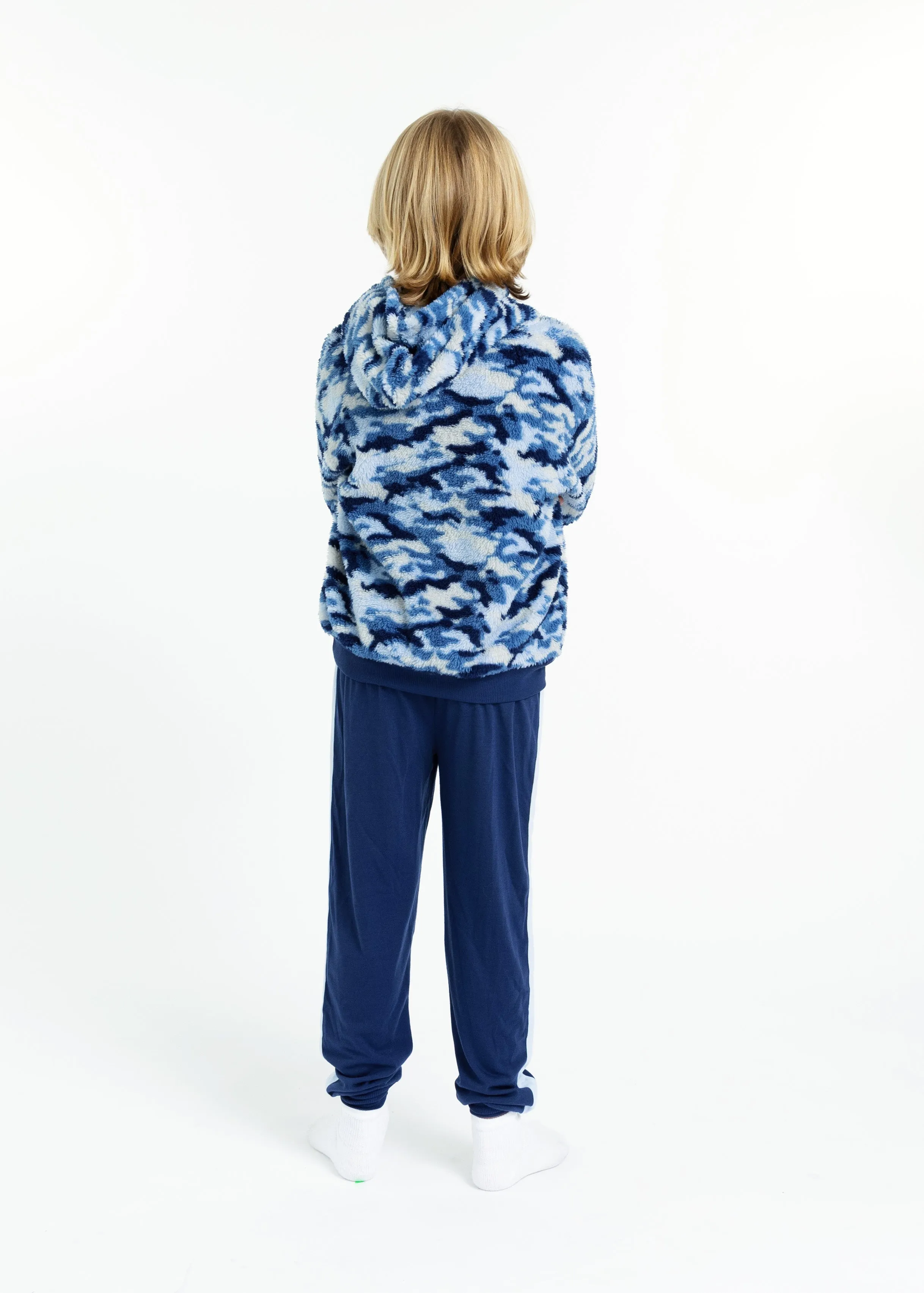 Boys Blue Camo Soft Novelty Fleece 2-Piece Hooded Pajama Sleep Pant Set