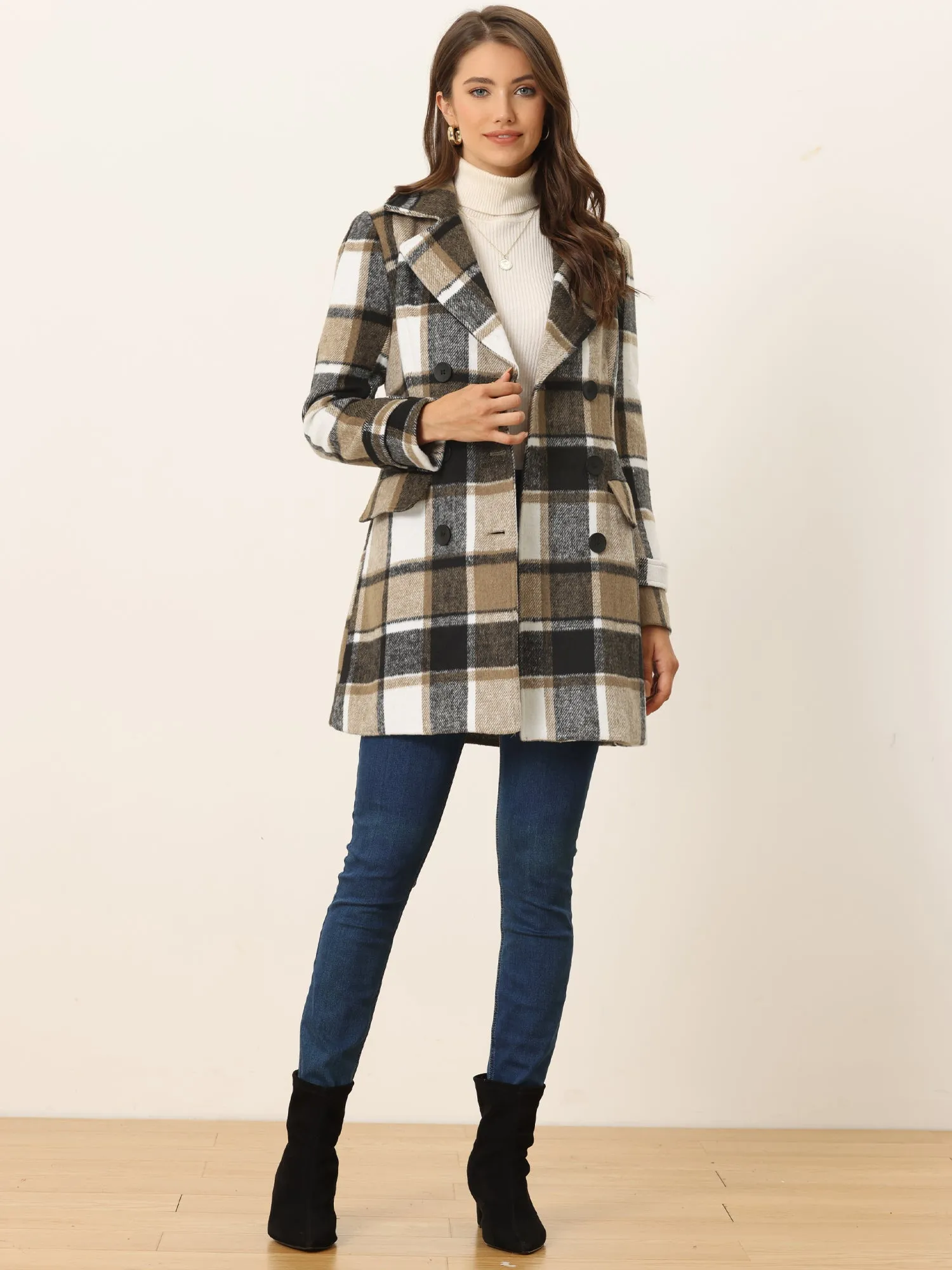 Buffalo Checks Double Breasted Notched Lapel Plaid Trench Pea Coat