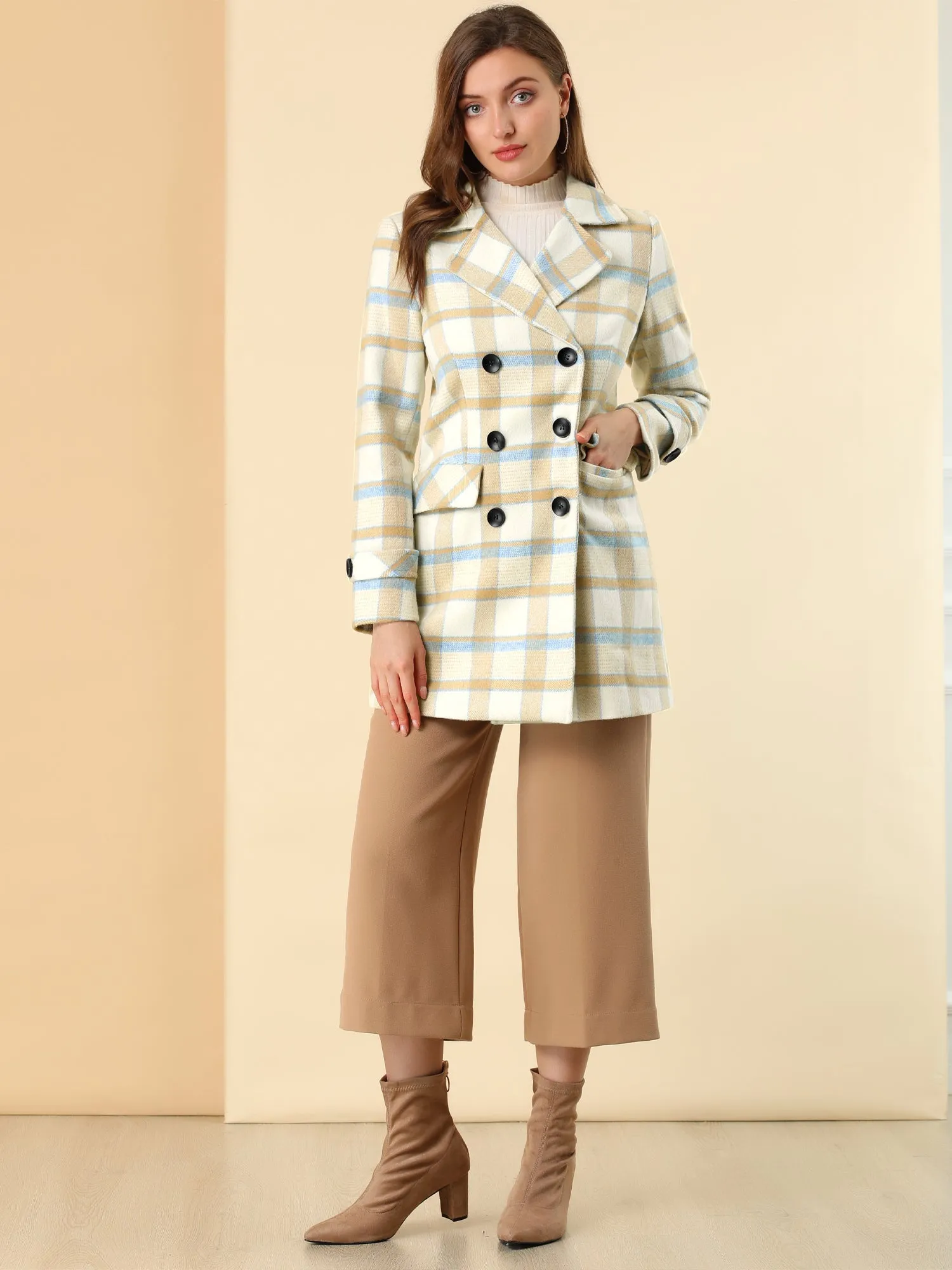 Buffalo Checks Double Breasted Notched Lapel Plaid Trench Pea Coat