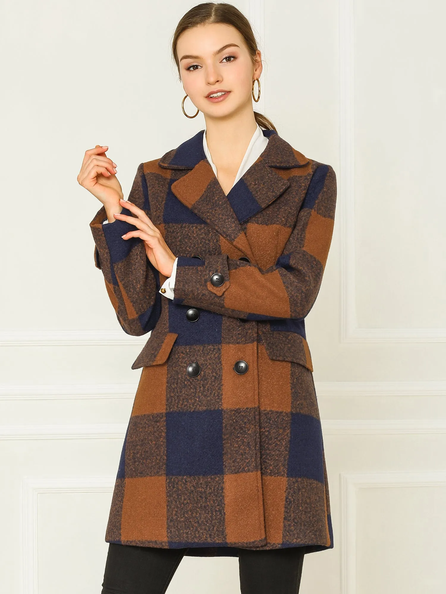 Buffalo Checks Double Breasted Notched Lapel Plaid Trench Pea Coat