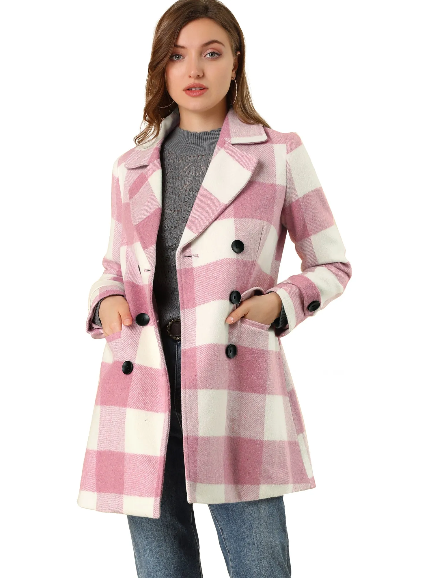 Buffalo Checks Double Breasted Notched Lapel Plaid Trench Pea Coat