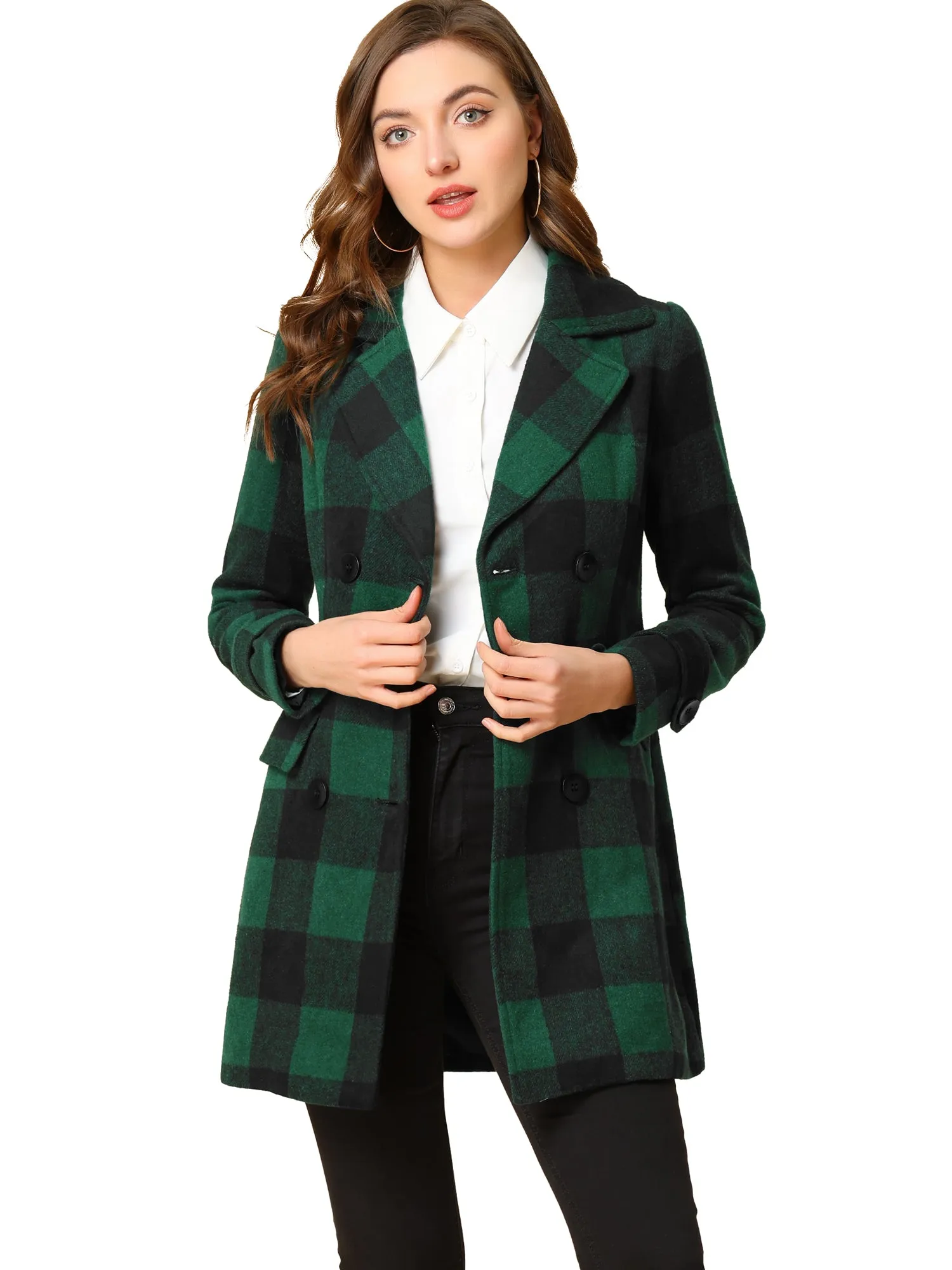 Buffalo Checks Double Breasted Notched Lapel Plaid Trench Pea Coat