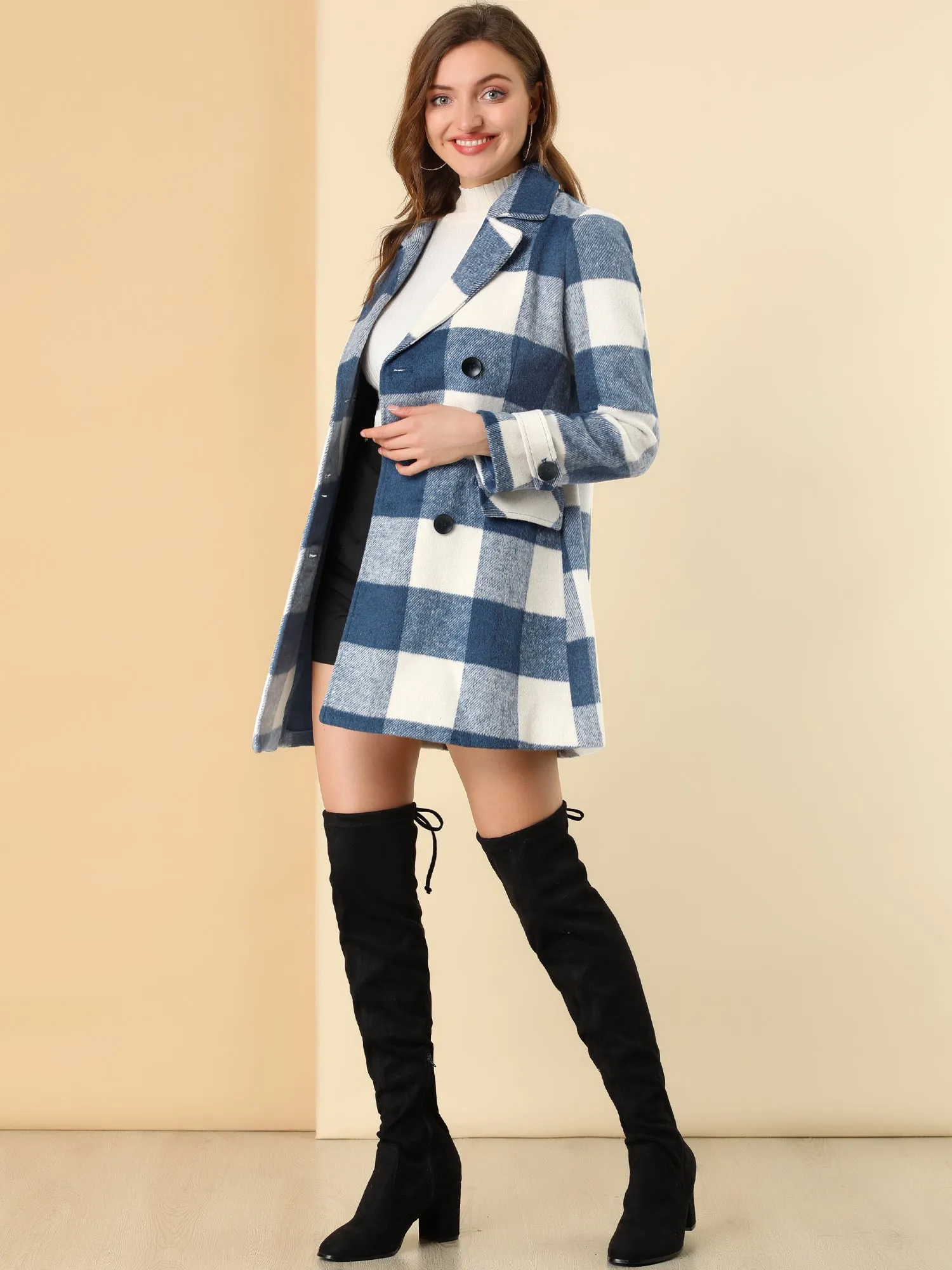 Buffalo Checks Double Breasted Notched Lapel Plaid Trench Pea Coat