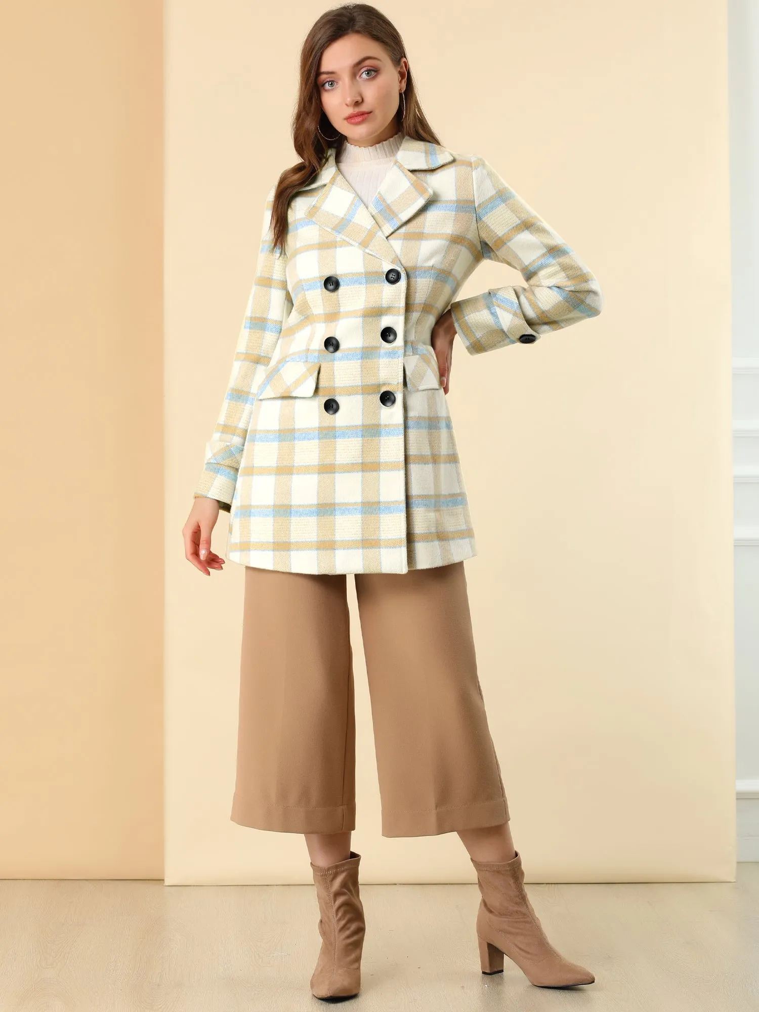 Buffalo Checks Double Breasted Notched Lapel Plaid Trench Pea Coat