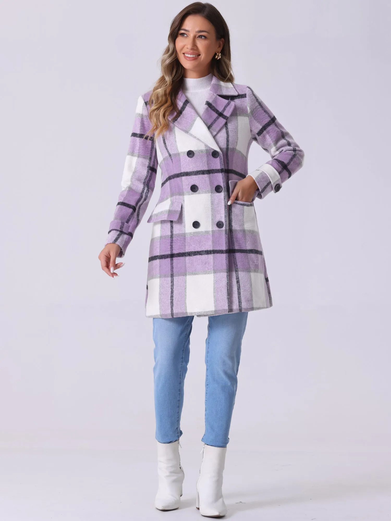 Buffalo Checks Double Breasted Notched Lapel Plaid Trench Pea Coat