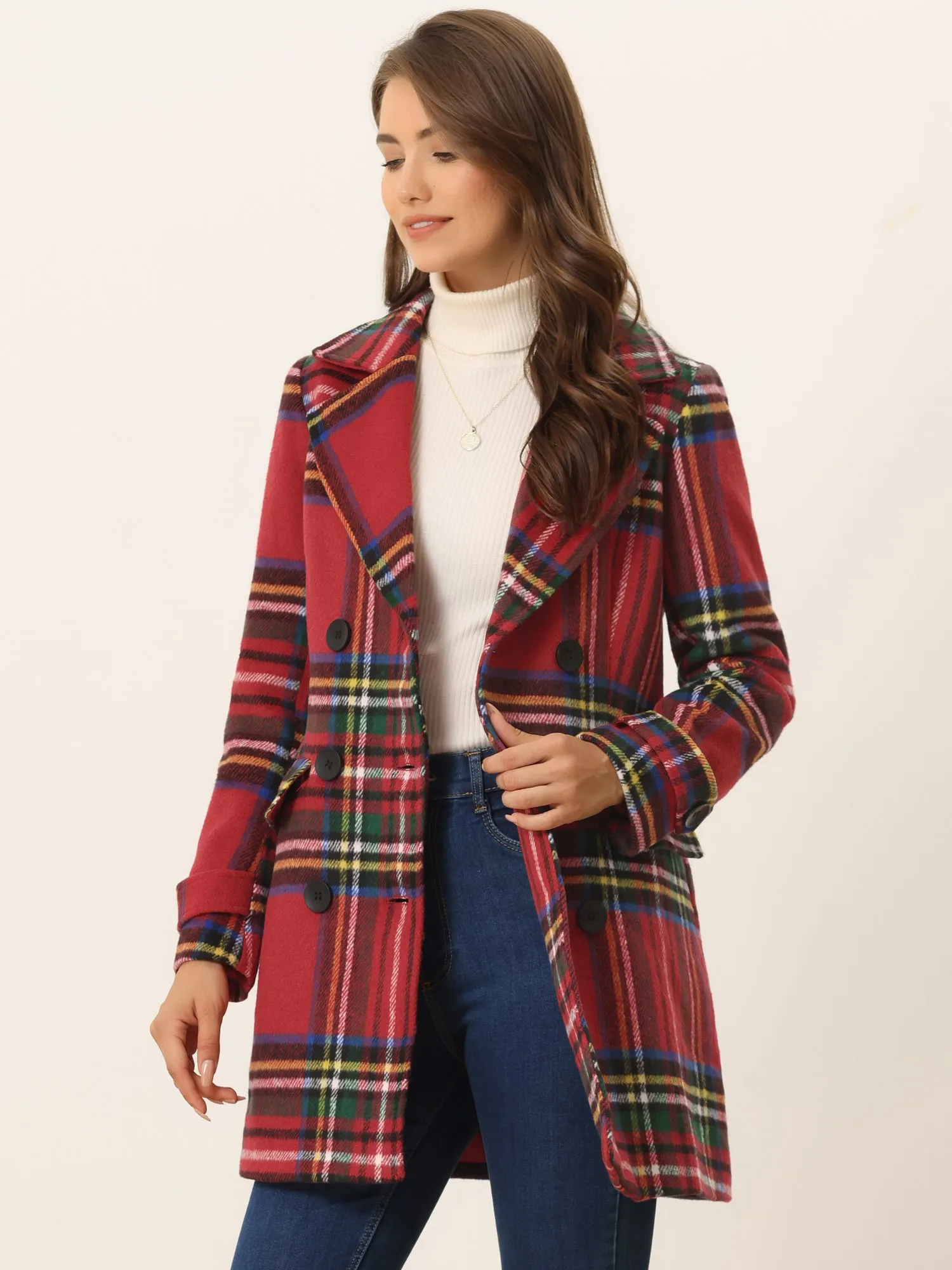 Buffalo Checks Double Breasted Notched Lapel Plaid Trench Pea Coat