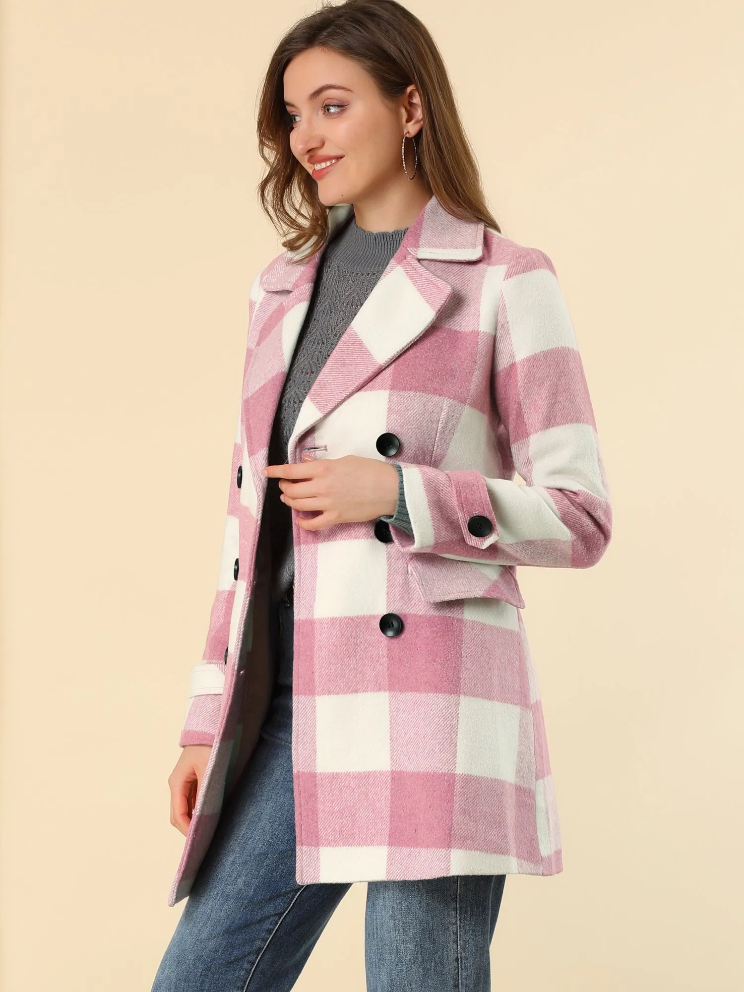 Buffalo Checks Double Breasted Notched Lapel Plaid Trench Pea Coat