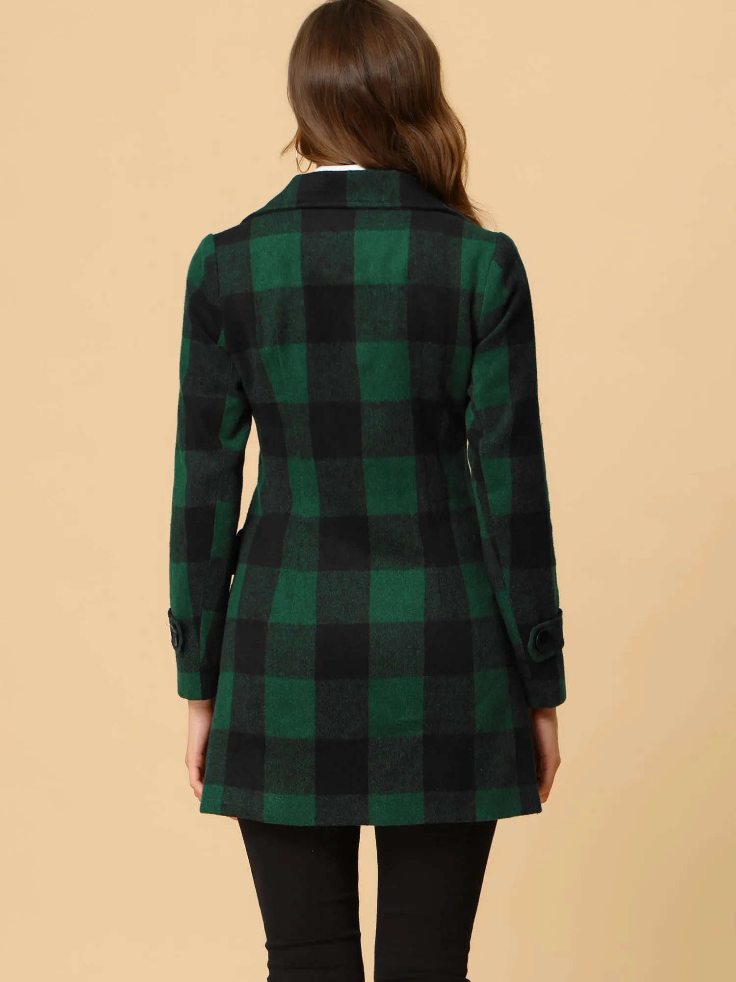 Buffalo Checks Double Breasted Notched Lapel Plaid Trench Pea Coat