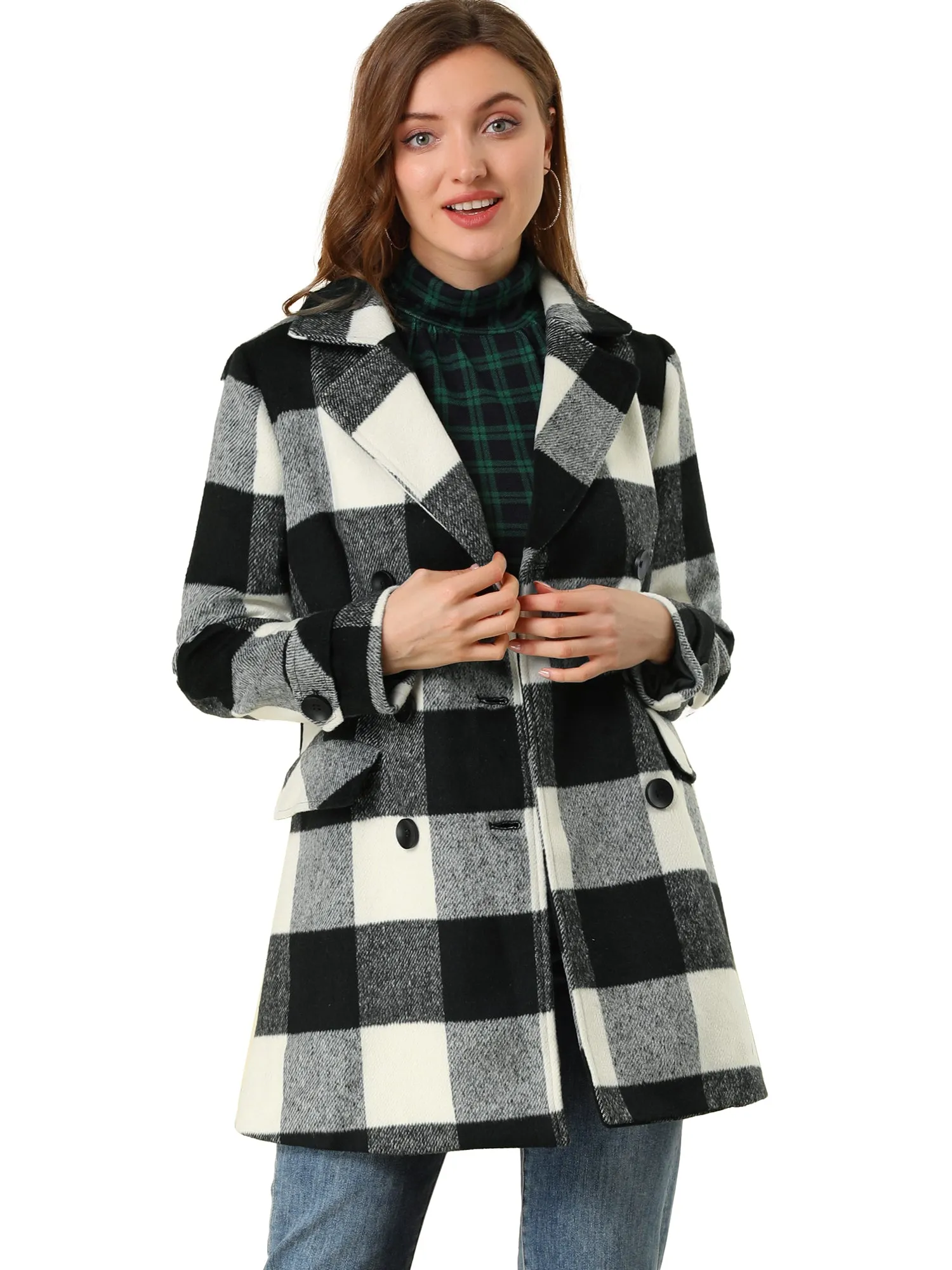 Buffalo Checks Double Breasted Notched Lapel Plaid Trench Pea Coat