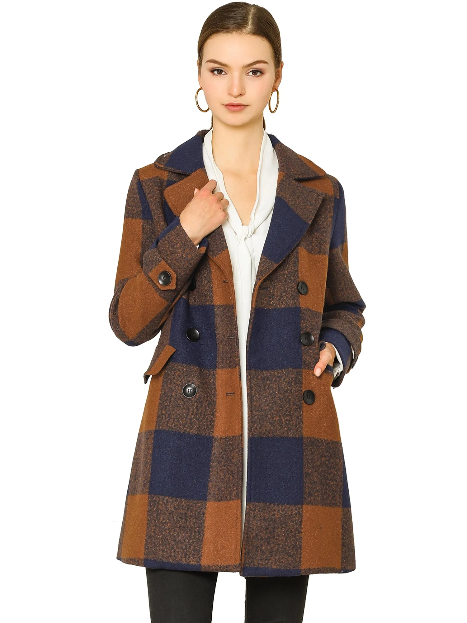 Buffalo Checks Double Breasted Notched Lapel Plaid Trench Pea Coat