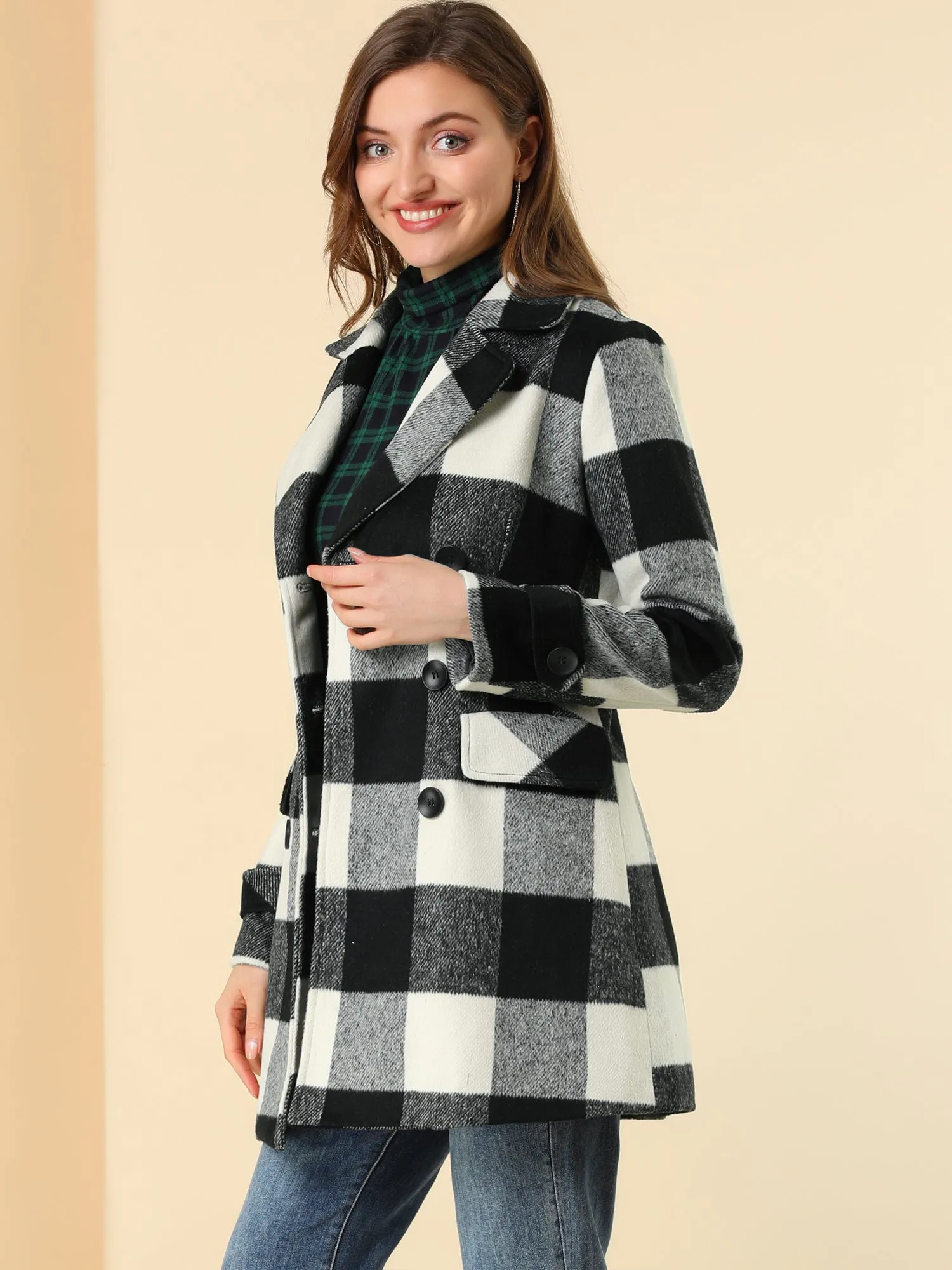 Buffalo Checks Double Breasted Notched Lapel Plaid Trench Pea Coat