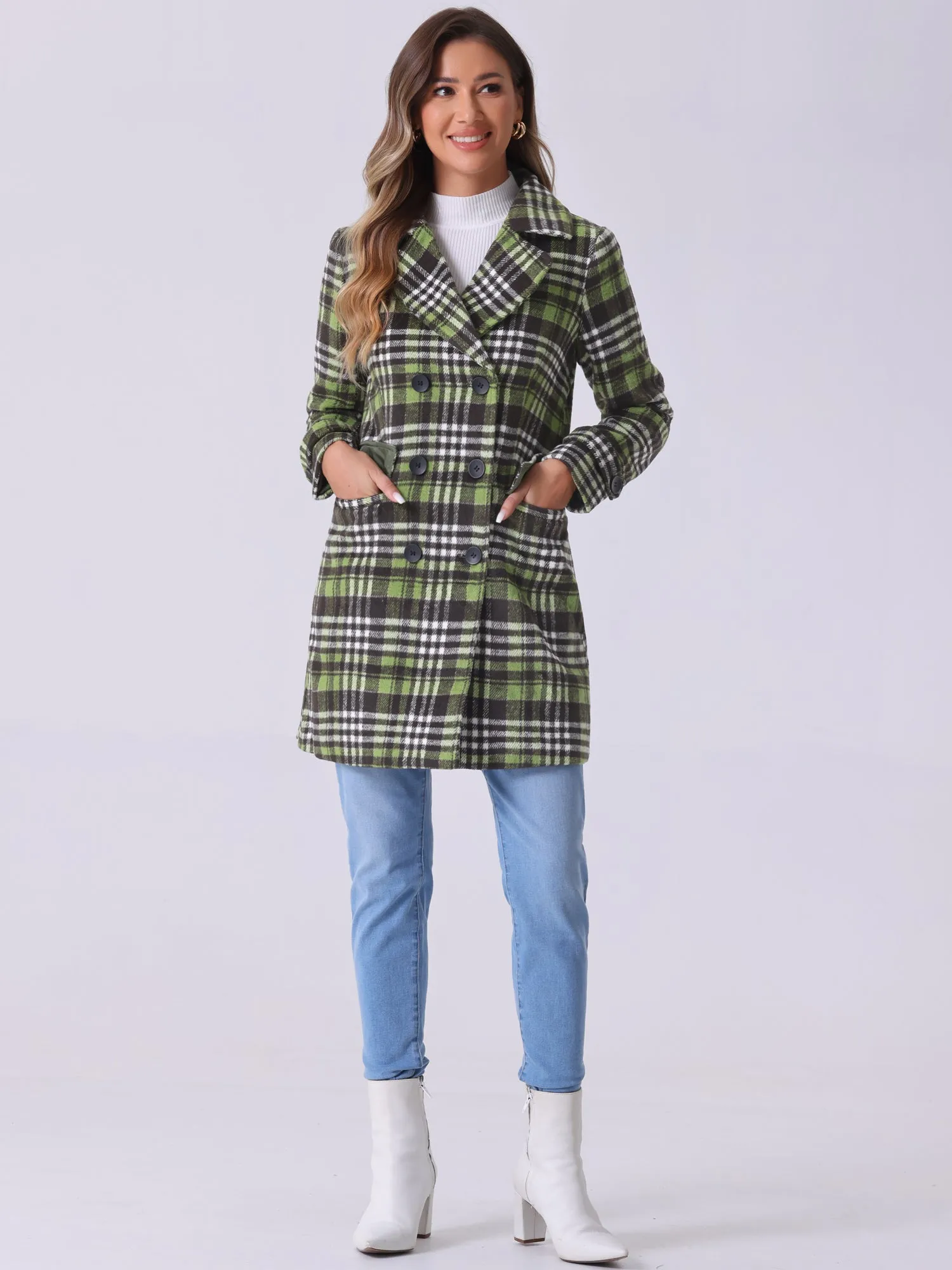 Buffalo Checks Double Breasted Notched Lapel Plaid Trench Pea Coat