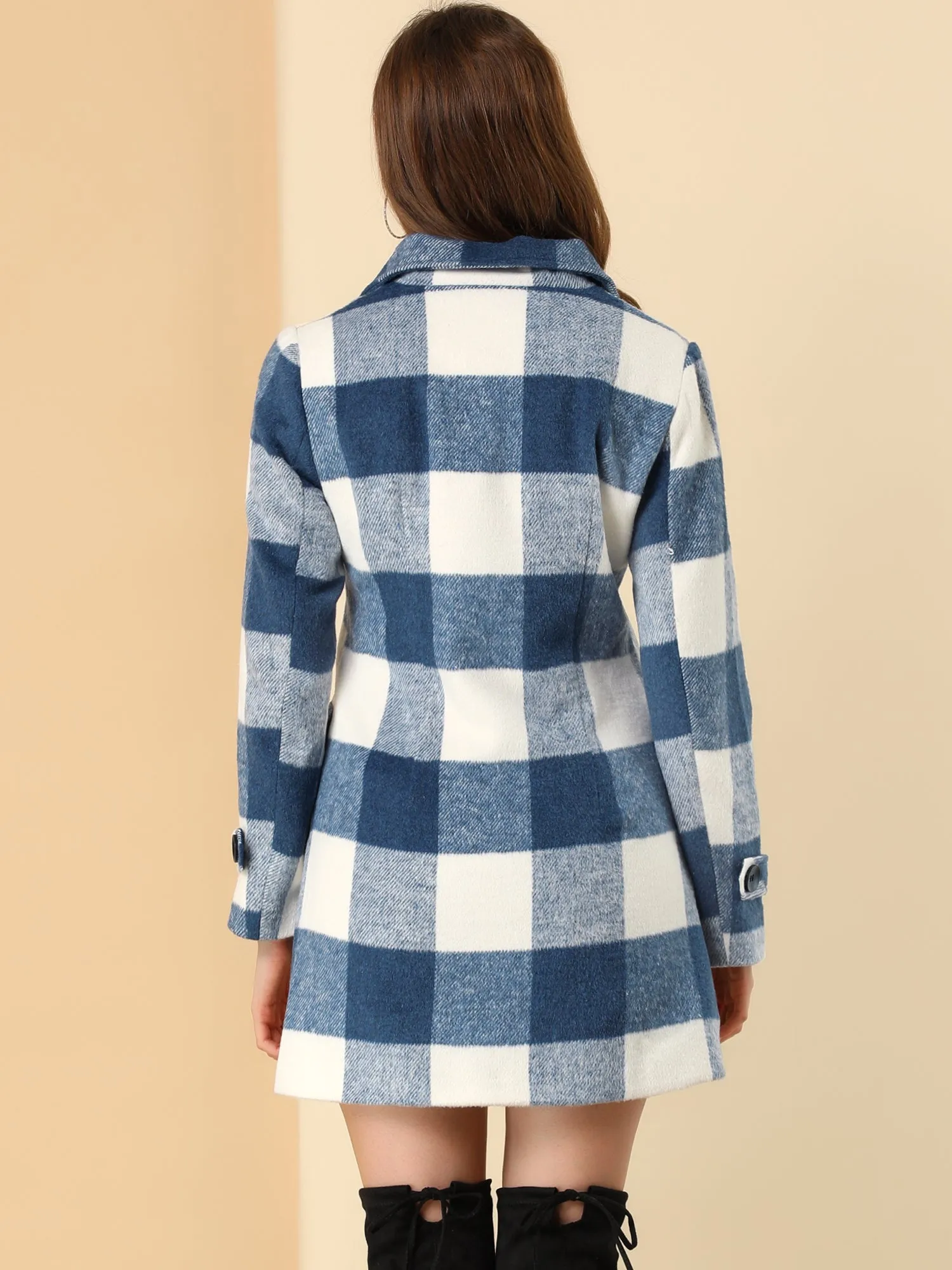 Buffalo Checks Double Breasted Notched Lapel Plaid Trench Pea Coat