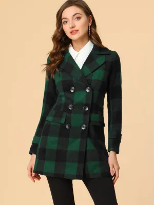 Buffalo Checks Double Breasted Notched Lapel Plaid Trench Pea Coat