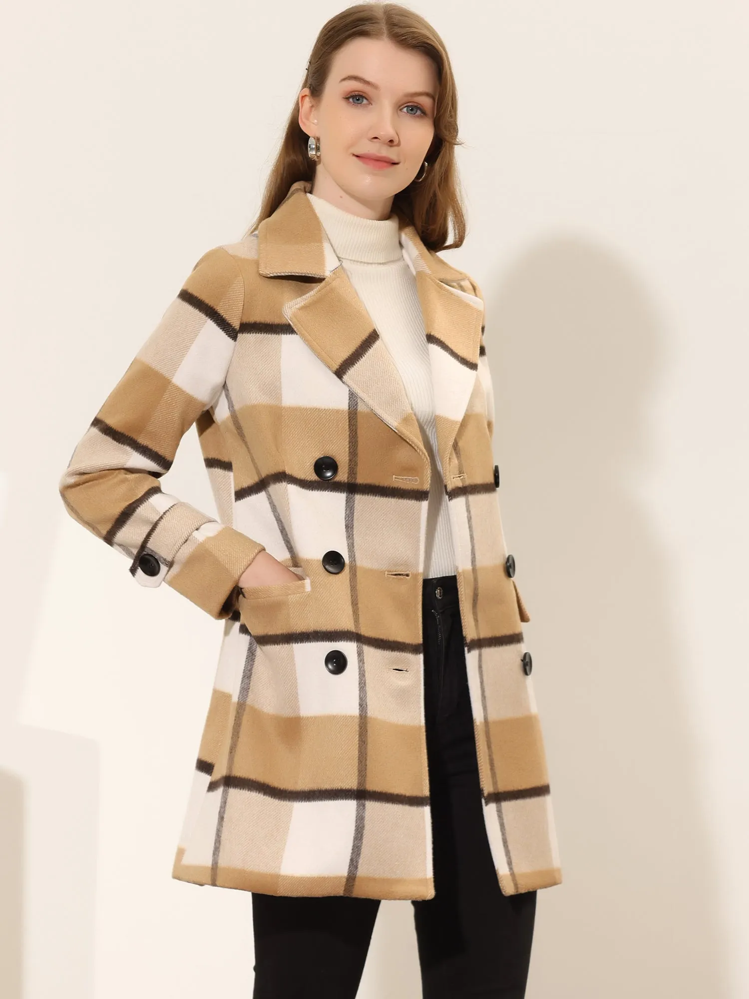 Buffalo Checks Double Breasted Notched Lapel Plaid Trench Pea Coat