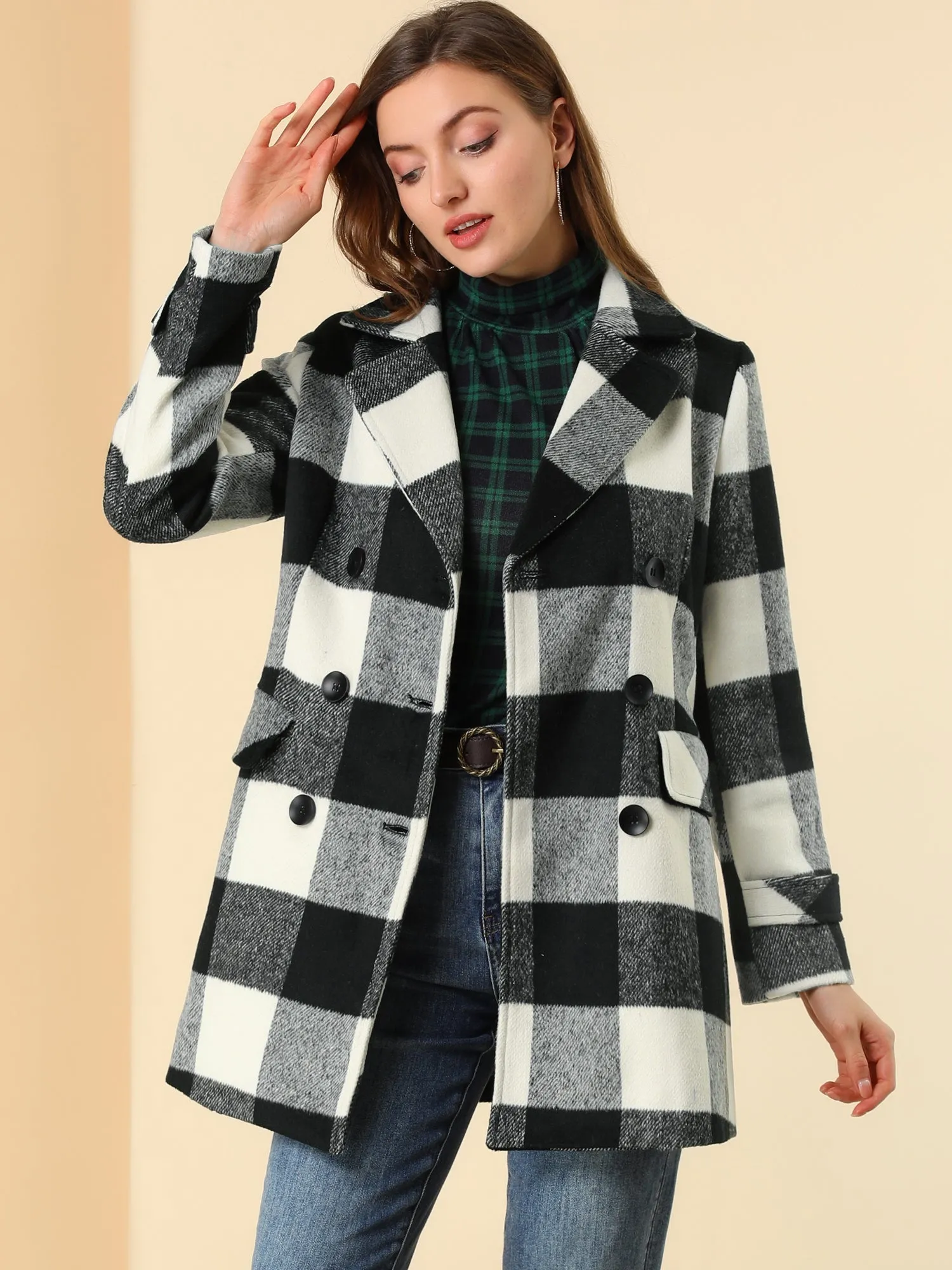 Buffalo Checks Double Breasted Notched Lapel Plaid Trench Pea Coat