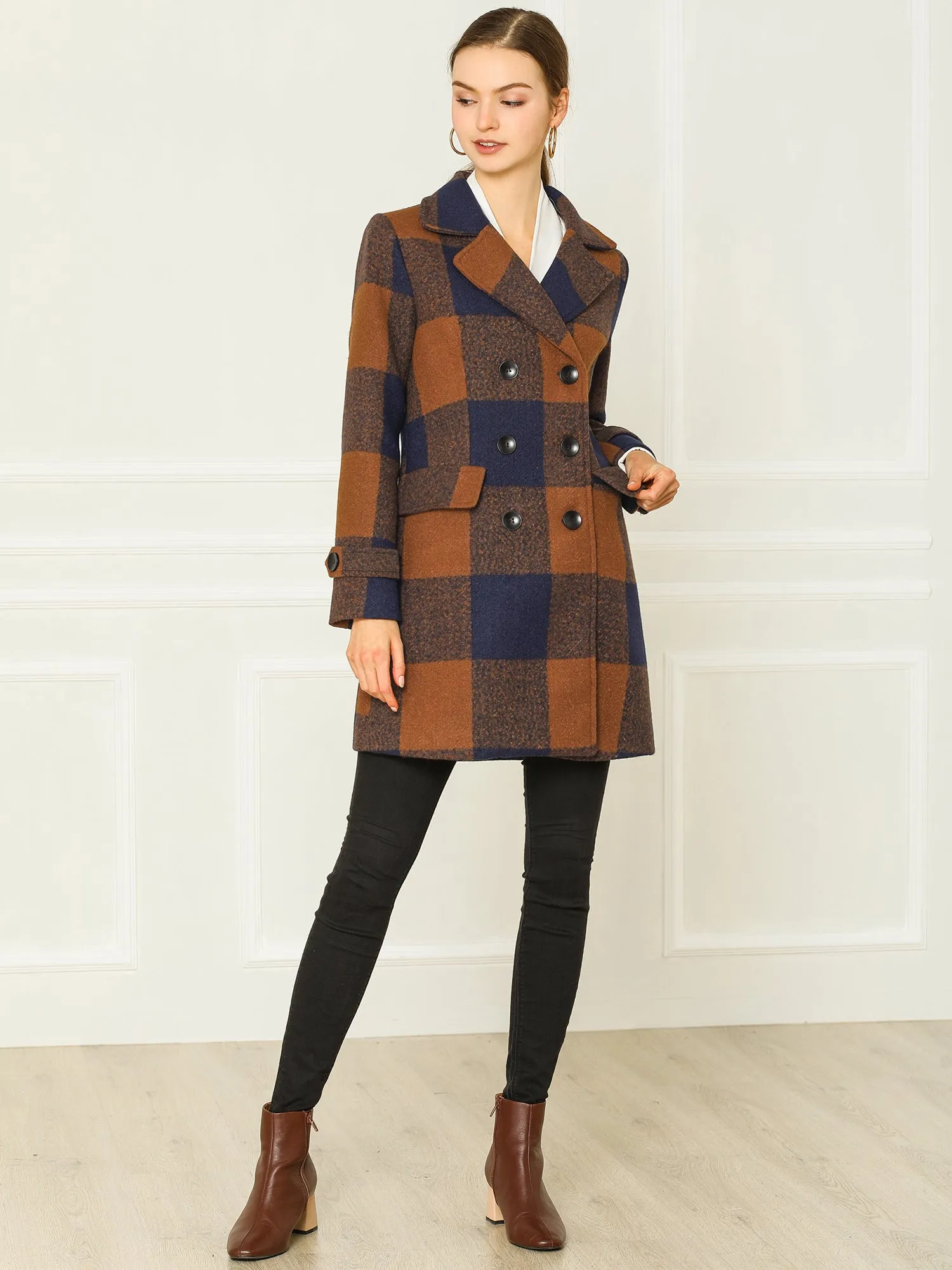 Buffalo Checks Double Breasted Notched Lapel Plaid Trench Pea Coat