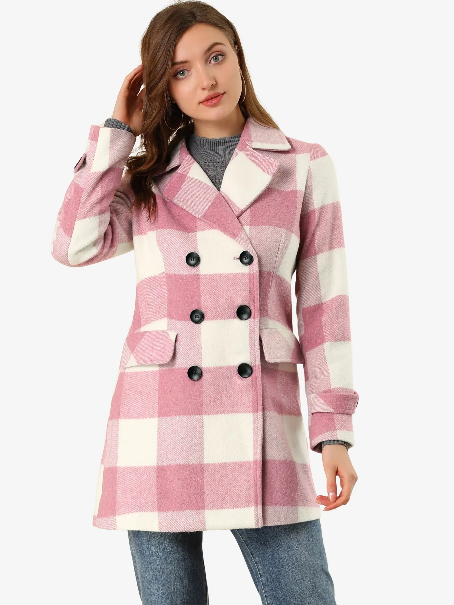 Buffalo Checks Double Breasted Notched Lapel Plaid Trench Pea Coat