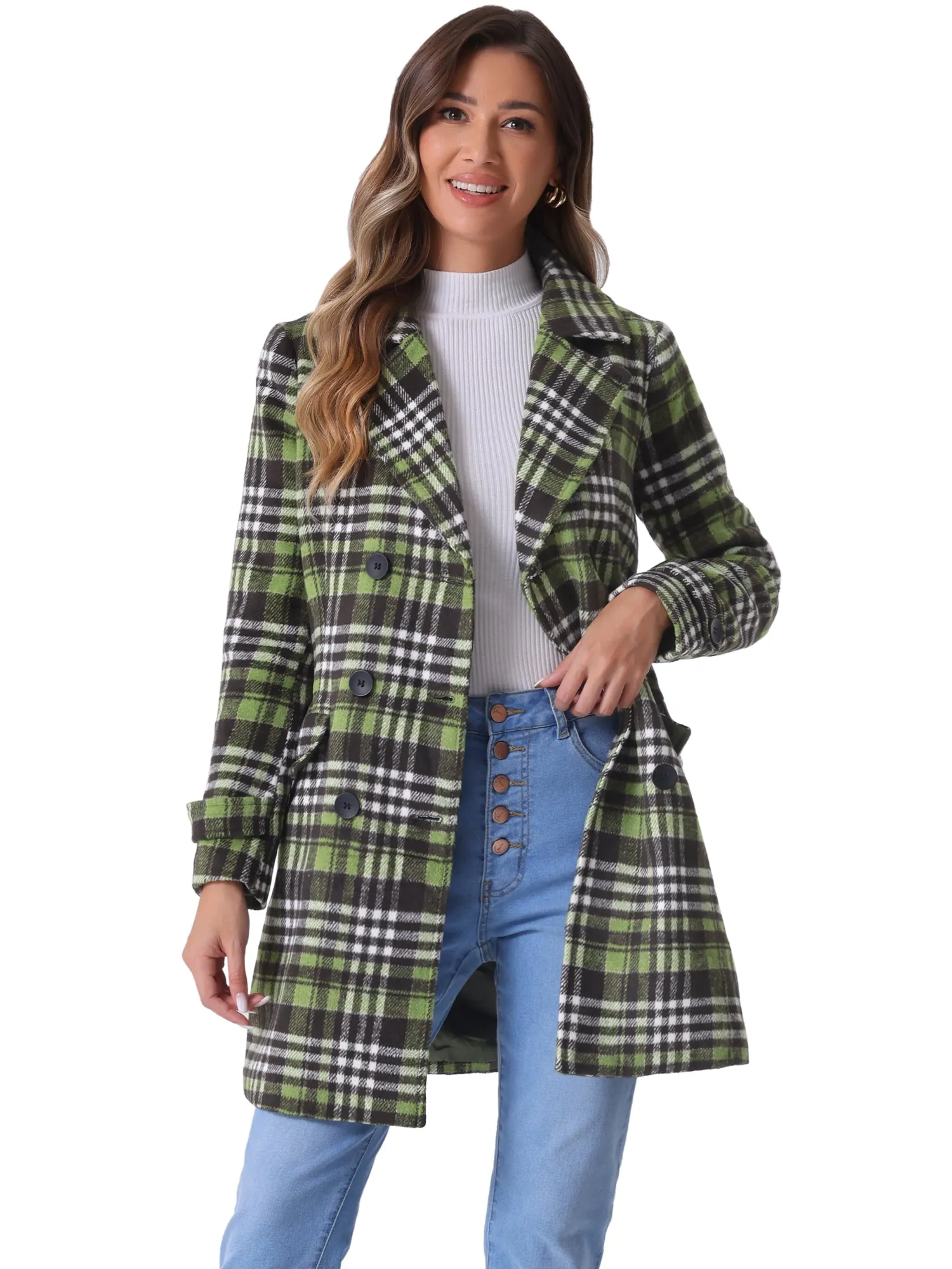 Buffalo Checks Double Breasted Notched Lapel Plaid Trench Pea Coat