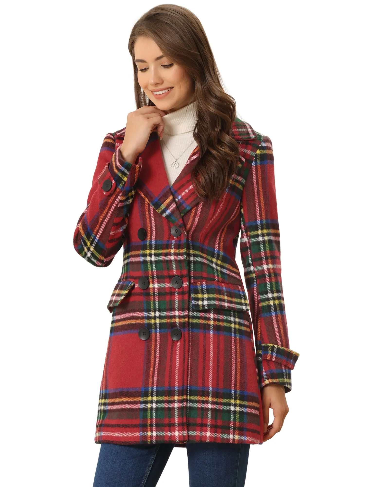 Buffalo Checks Double Breasted Notched Lapel Plaid Trench Pea Coat