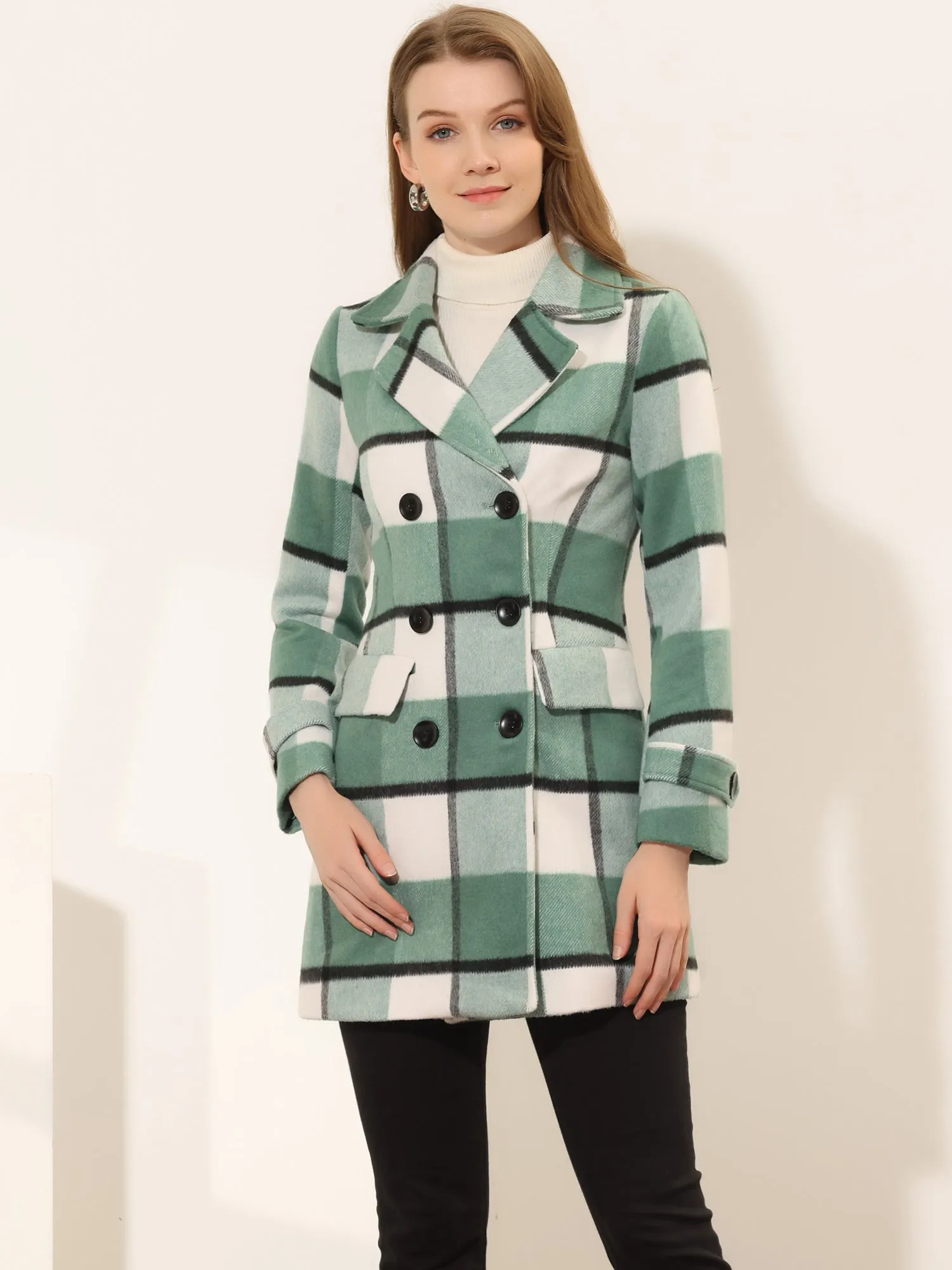 Buffalo Checks Double Breasted Notched Lapel Plaid Trench Pea Coat