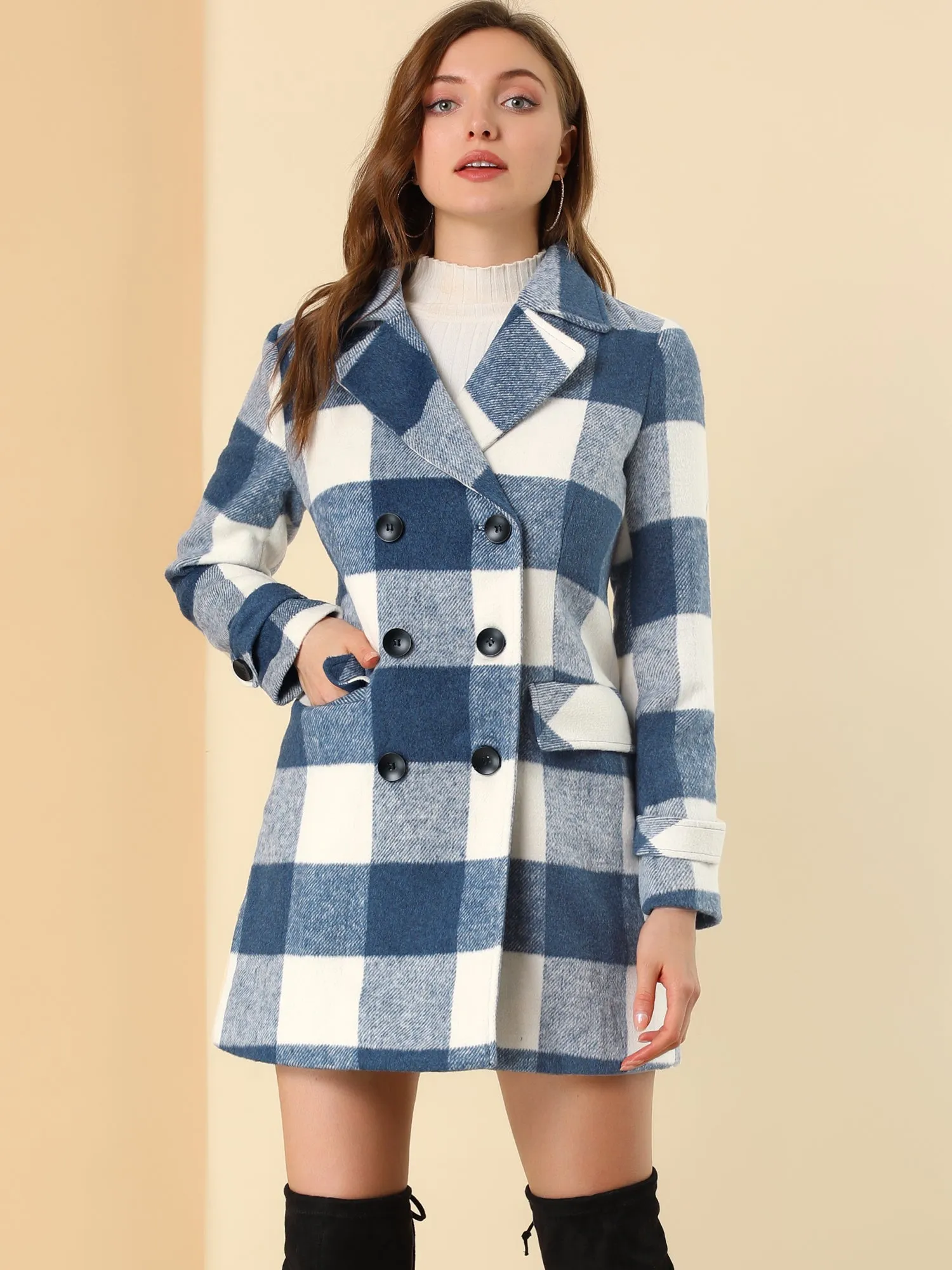 Buffalo Checks Double Breasted Notched Lapel Plaid Trench Pea Coat