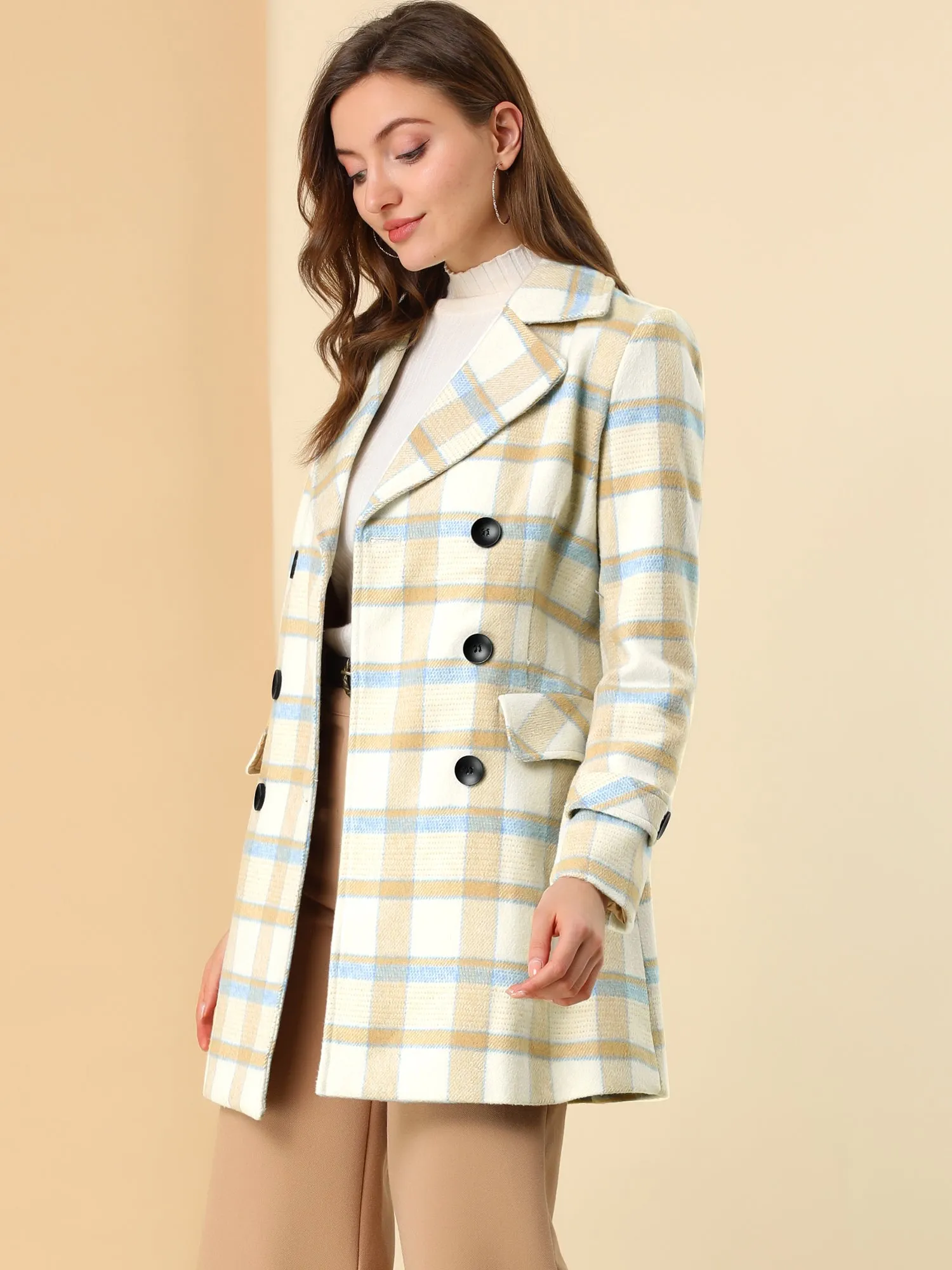 Buffalo Checks Double Breasted Notched Lapel Plaid Trench Pea Coat