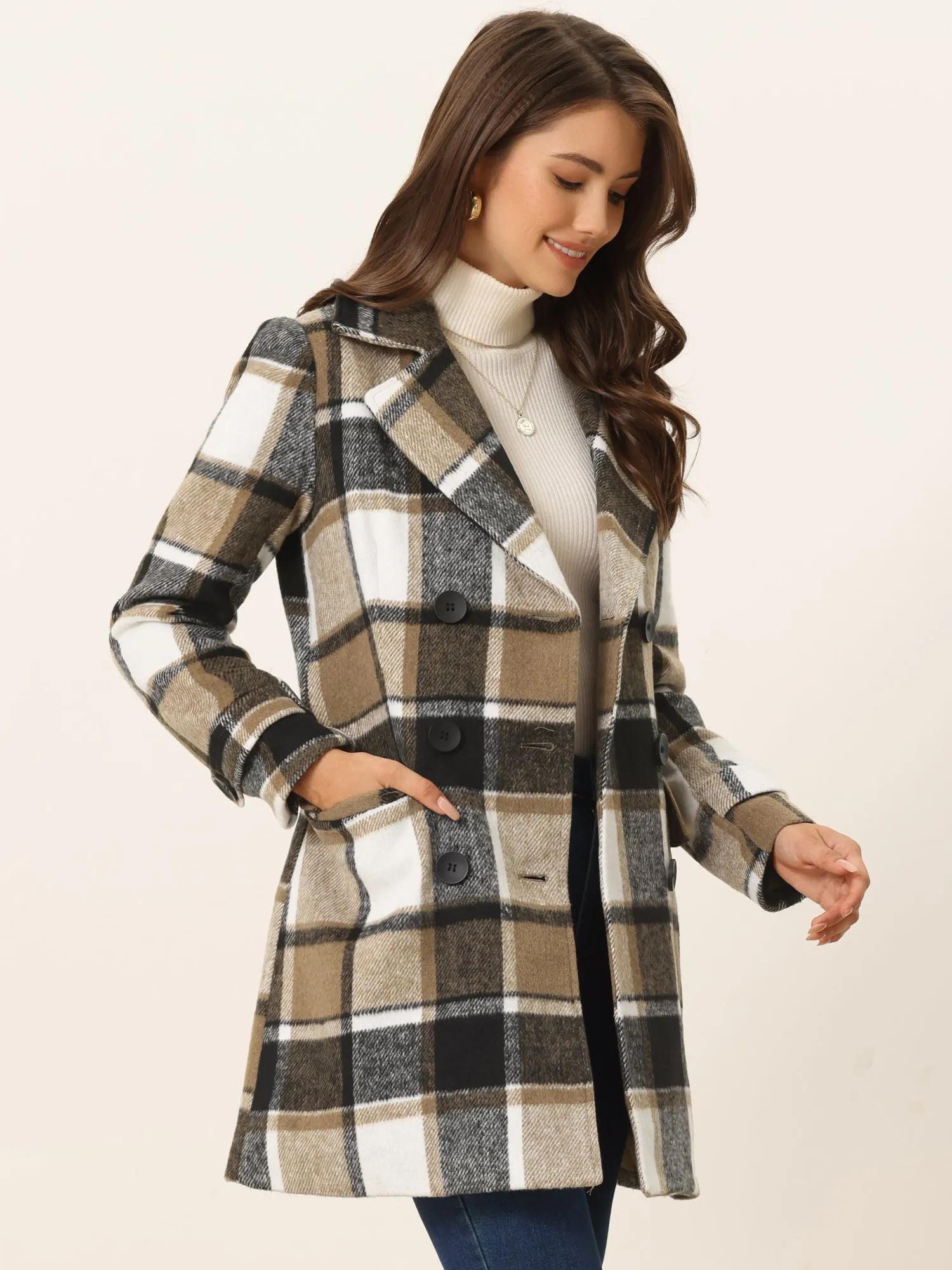 Buffalo Checks Double Breasted Notched Lapel Plaid Trench Pea Coat