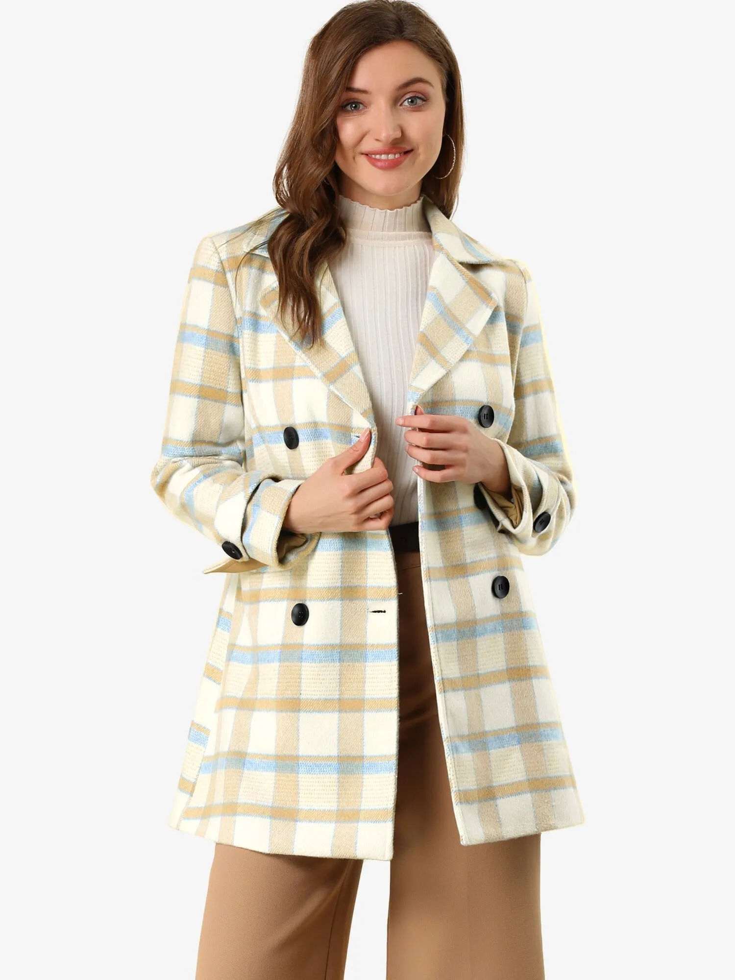 Buffalo Checks Double Breasted Notched Lapel Plaid Trench Pea Coat