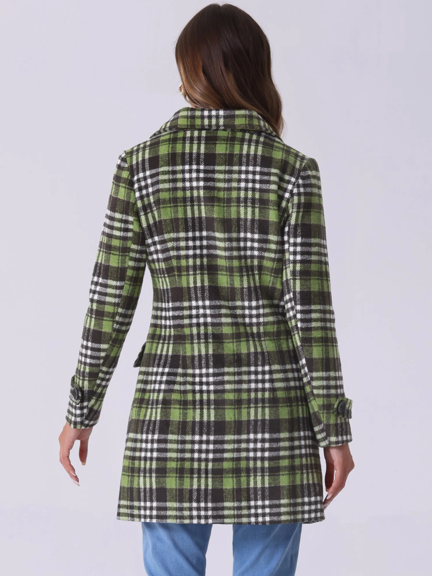 Buffalo Checks Double Breasted Notched Lapel Plaid Trench Pea Coat