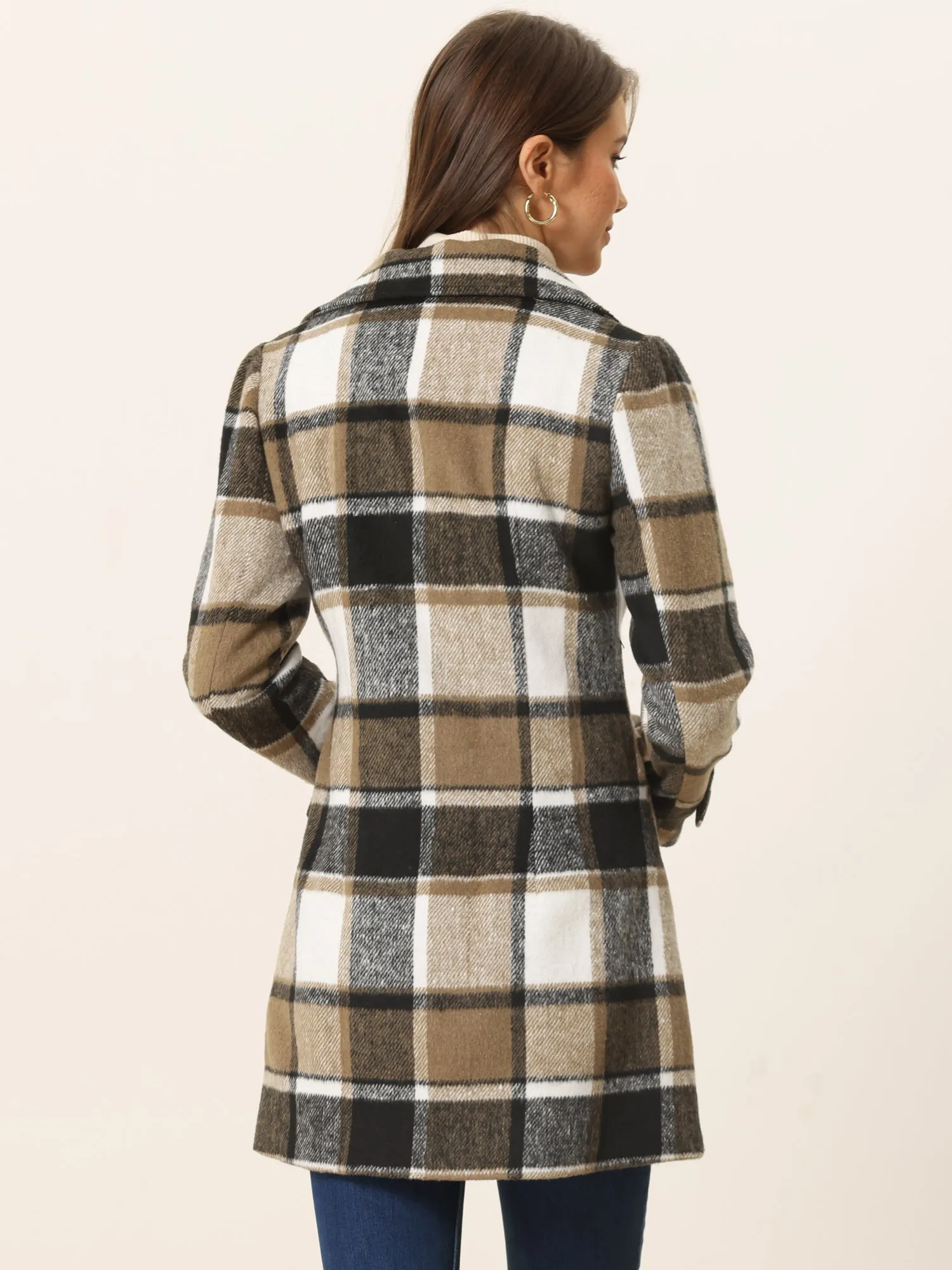 Buffalo Checks Double Breasted Notched Lapel Plaid Trench Pea Coat