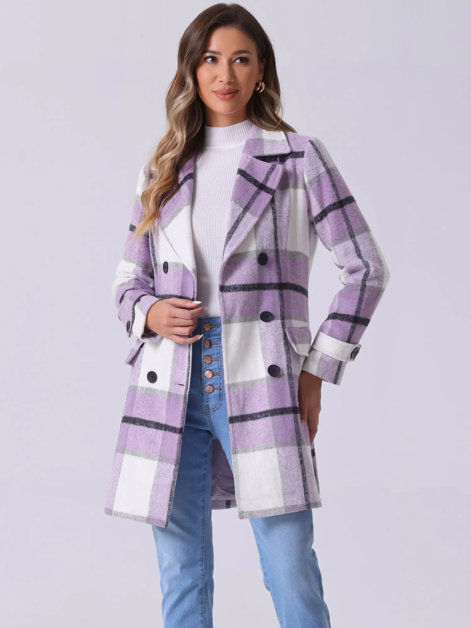 Buffalo Checks Double Breasted Notched Lapel Plaid Trench Pea Coat