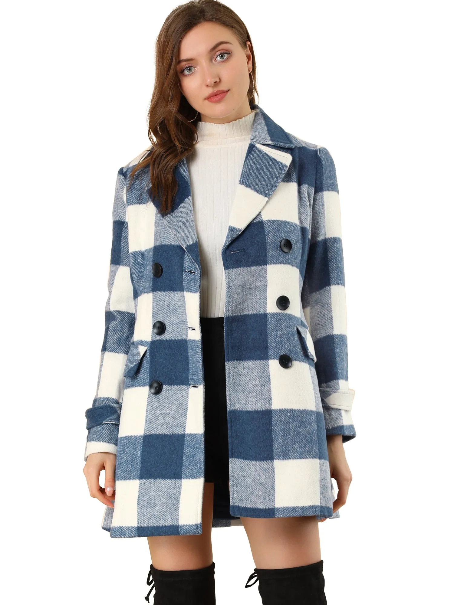 Buffalo Checks Double Breasted Notched Lapel Plaid Trench Pea Coat