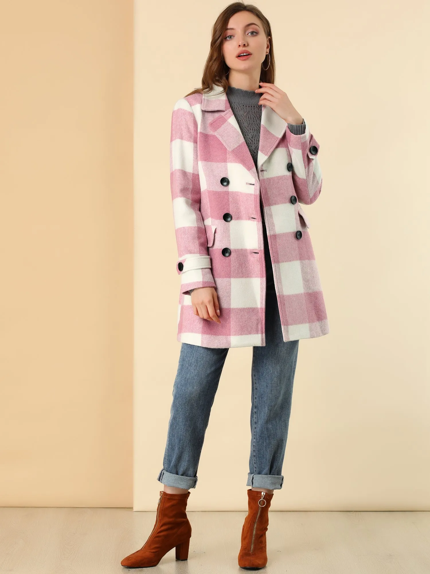 Buffalo Checks Double Breasted Notched Lapel Plaid Trench Pea Coat