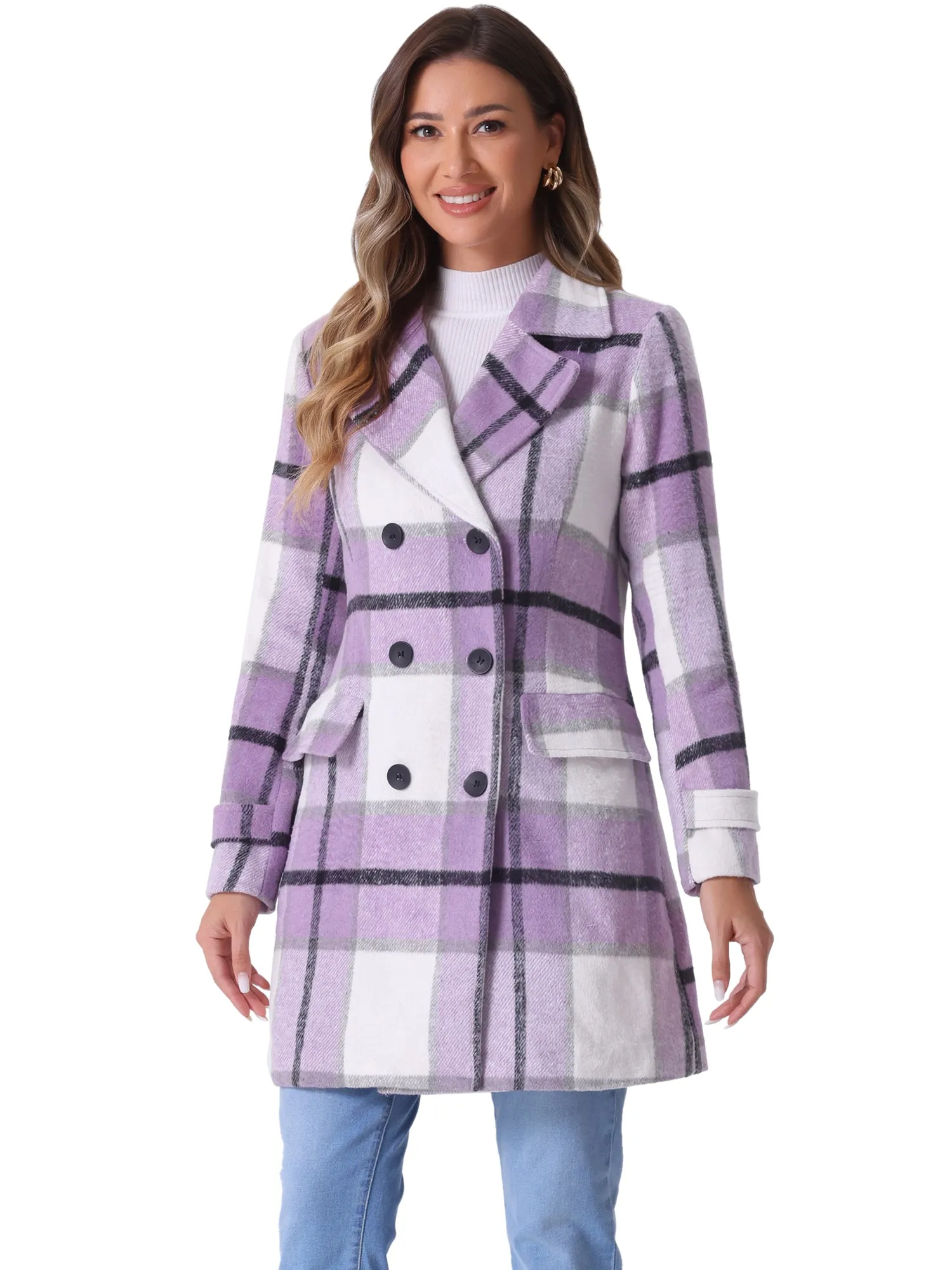 Buffalo Checks Double Breasted Notched Lapel Plaid Trench Pea Coat