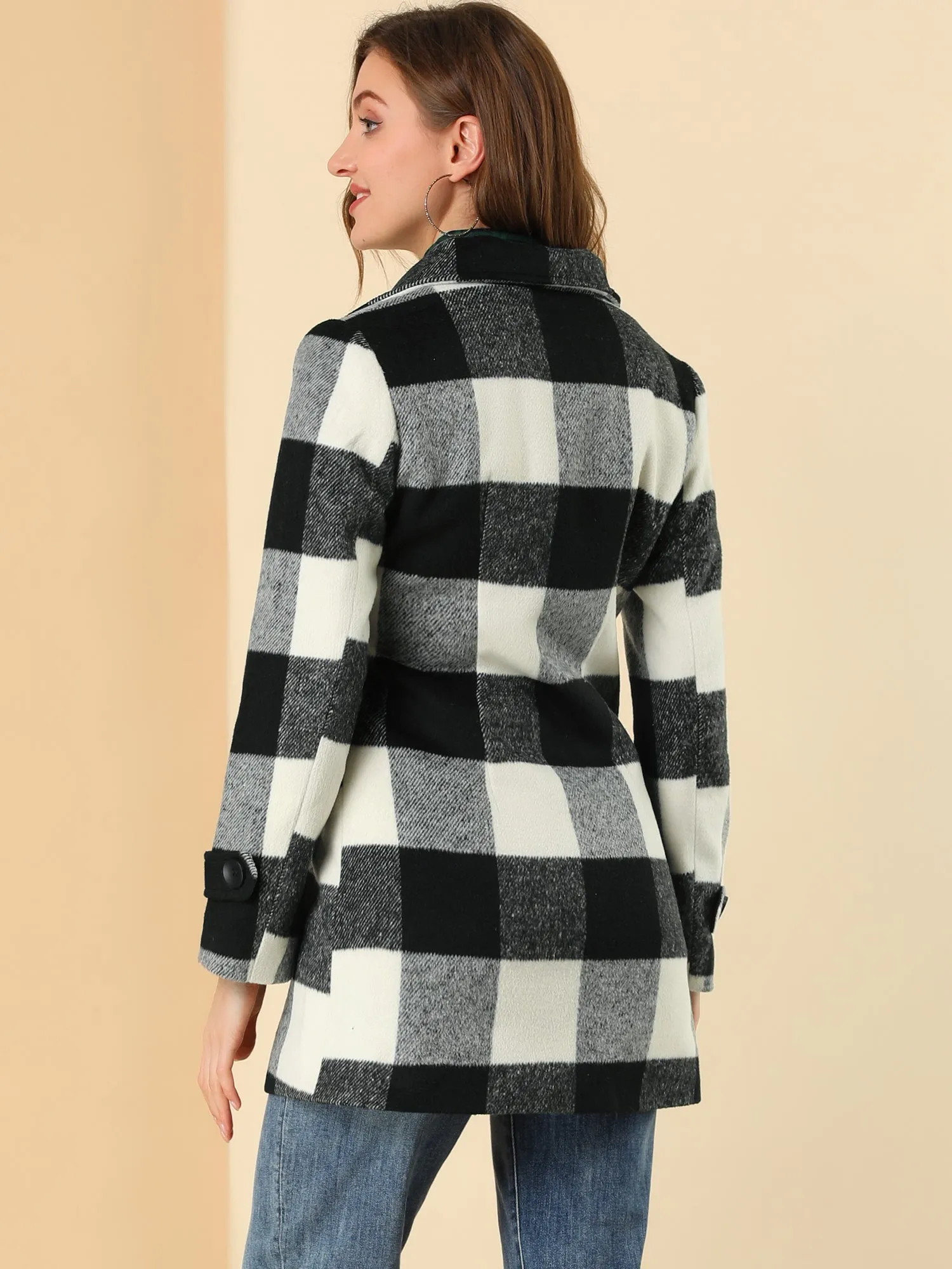 Buffalo Checks Double Breasted Notched Lapel Plaid Trench Pea Coat