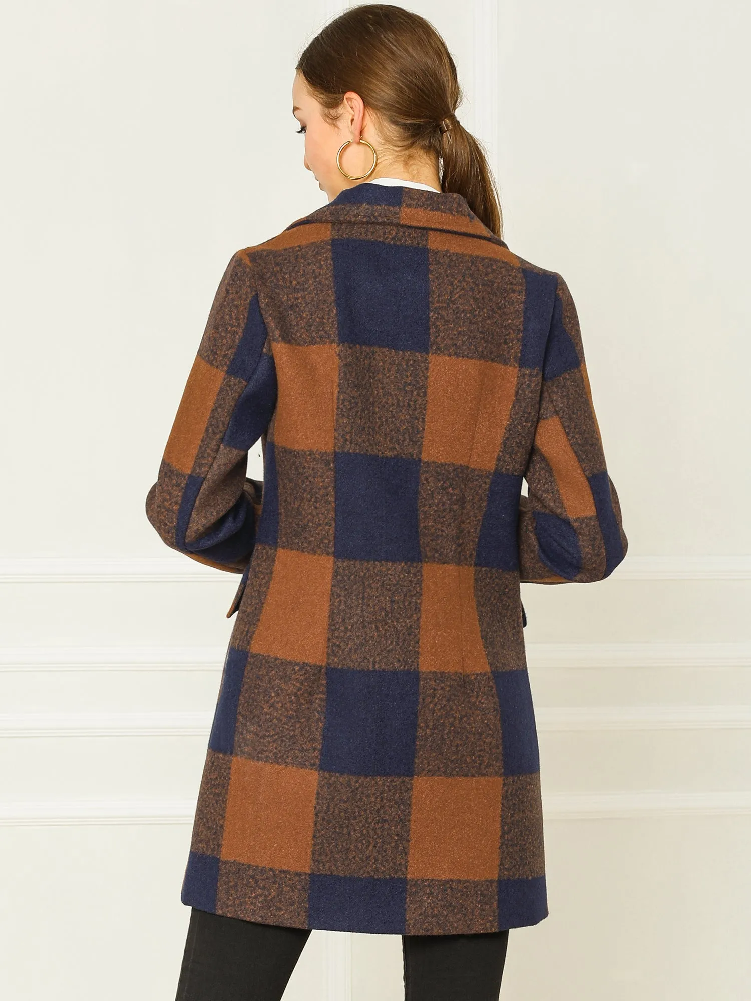 Buffalo Checks Double Breasted Notched Lapel Plaid Trench Pea Coat