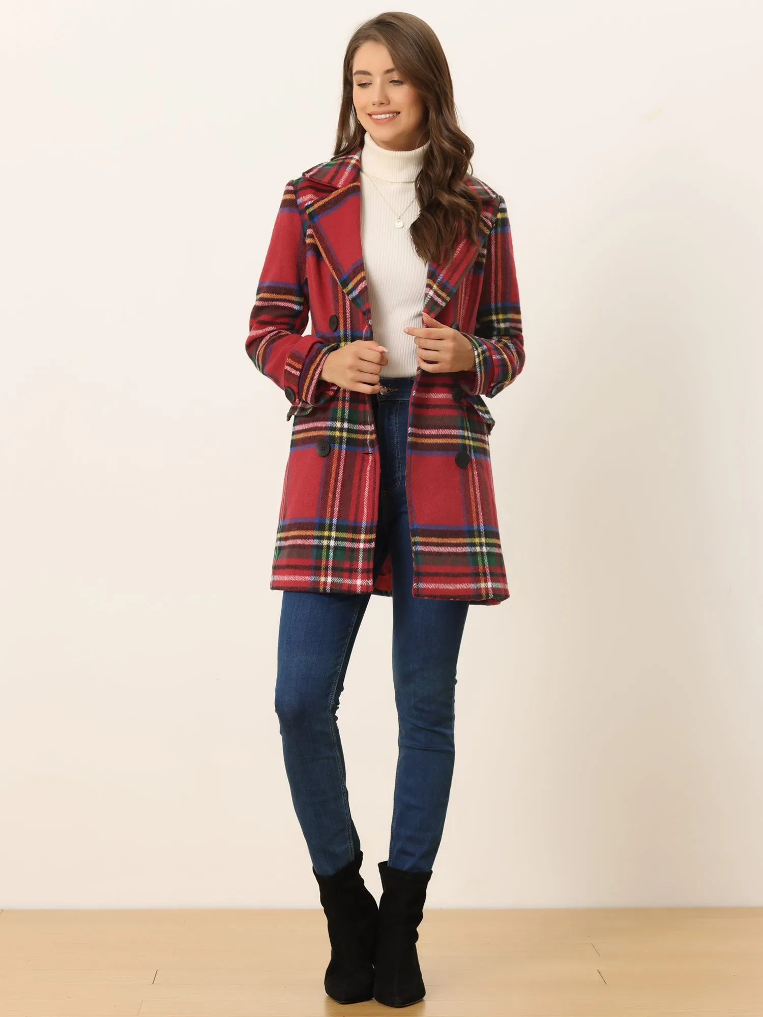 Buffalo Checks Double Breasted Notched Lapel Plaid Trench Pea Coat