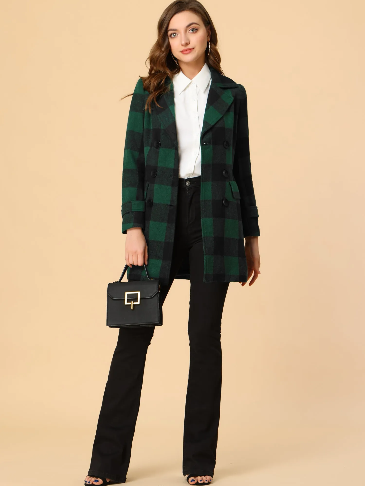 Buffalo Checks Double Breasted Notched Lapel Plaid Trench Pea Coat